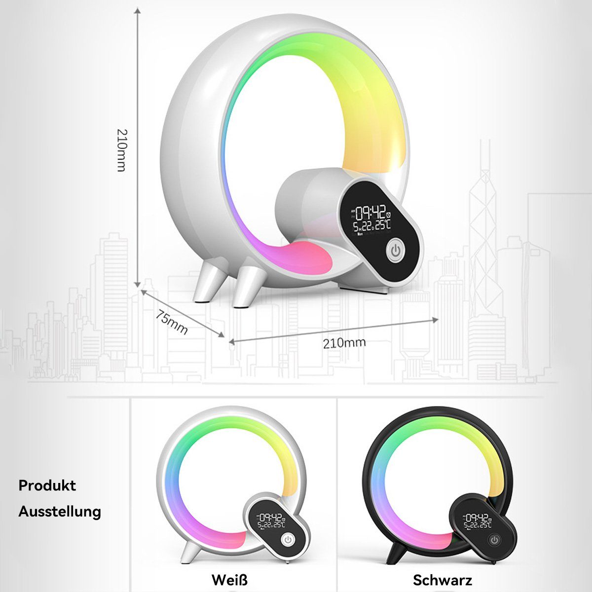 Welikera Nachttischlampe Intelligentes Umgebungslicht, dimmbar, mit Wecker, Bluetooth Weiss