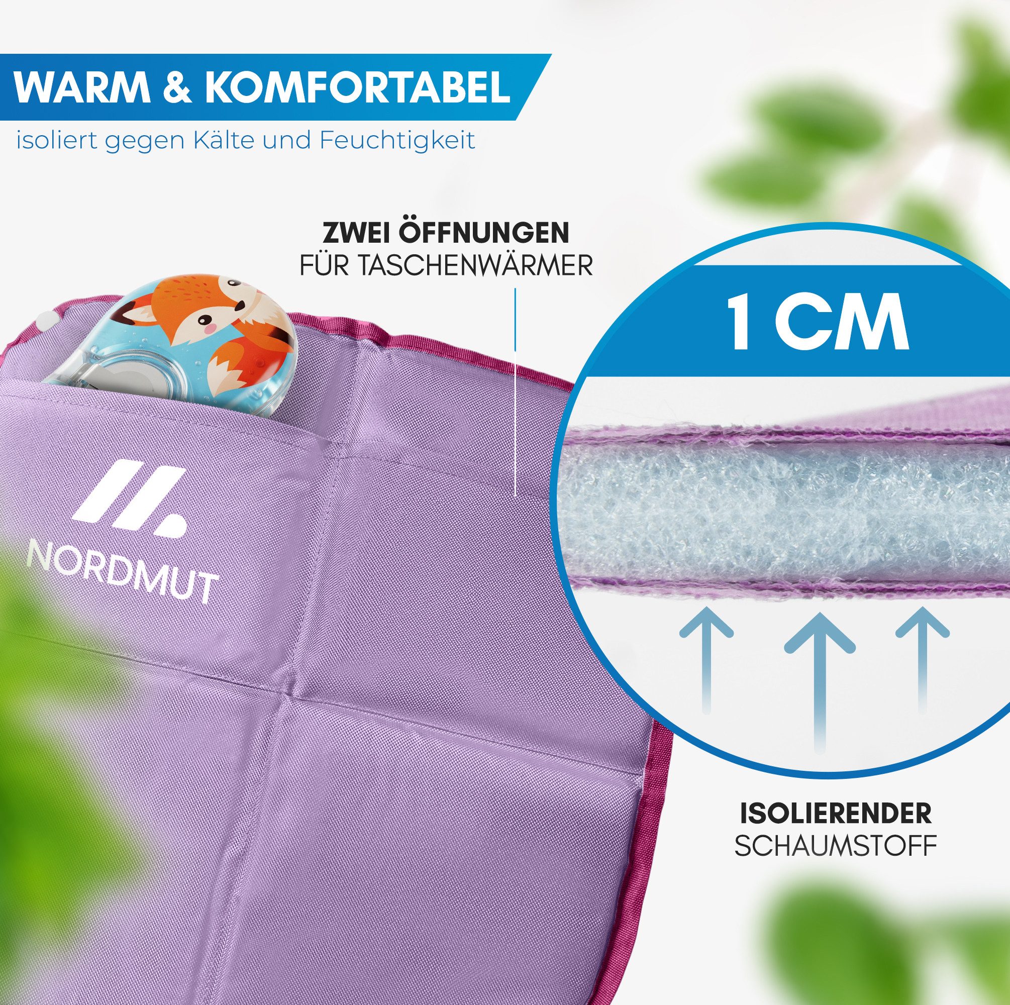 Nordmut Thermositzkissen Sitzkissen Outdoor Kinder, faltbar wetterfest, Camping, Kindergarten, Spar-Set, 1-tlg., Nordmut Ylläs + Transportbeutel + Karabiner, isolierend, wasserabweisend, ultraleicht, rutschfest, Karabinerhaken