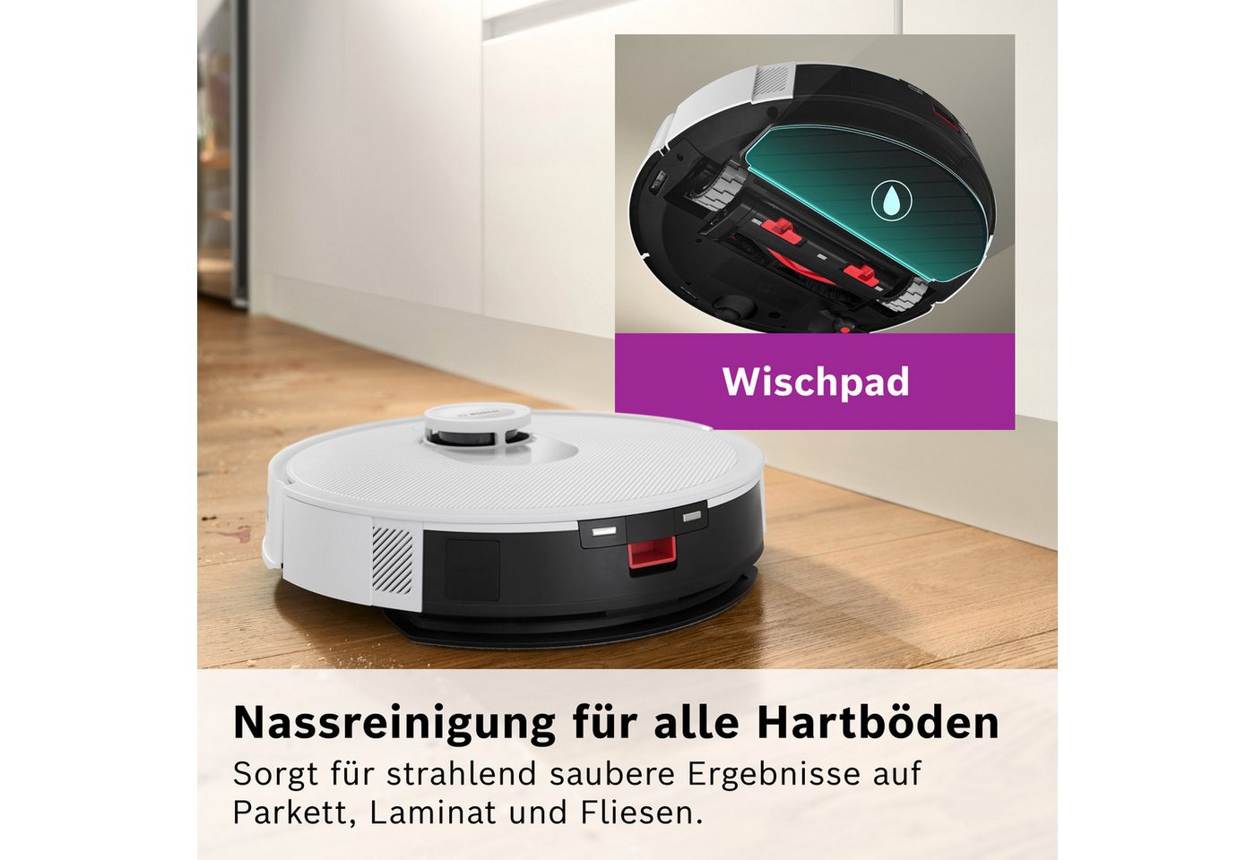 BOSCH Saugroboter Spotless BCRD1W, Saugroboter mit Wischfunktion, 11.000 Pa Saugkraft, 60 W, beutellos, Trocken-Servicestation, Infrarot Navigation, Carbon Bürste weiß