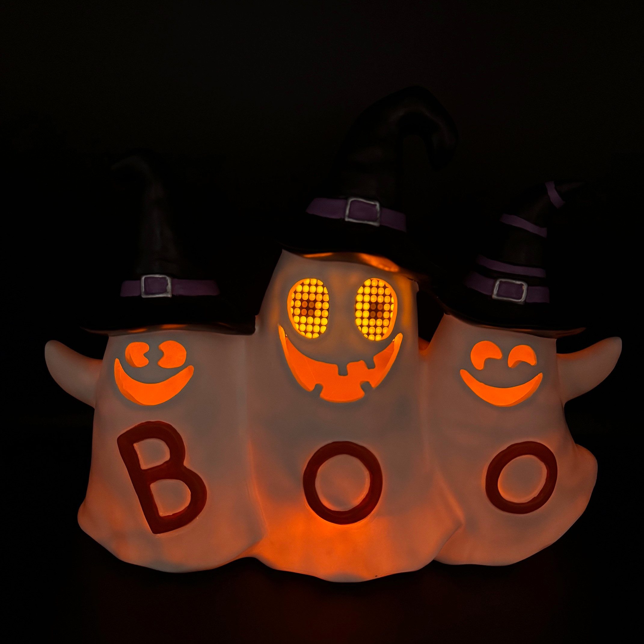 Online-Fuchs LED-Dekofigur 3 Geister mit LED-Beleuchtung & Timer - Halloween Deko outdoor (wetterfest, flackernde LED-Beleuchtung), mit beweglichen Augen