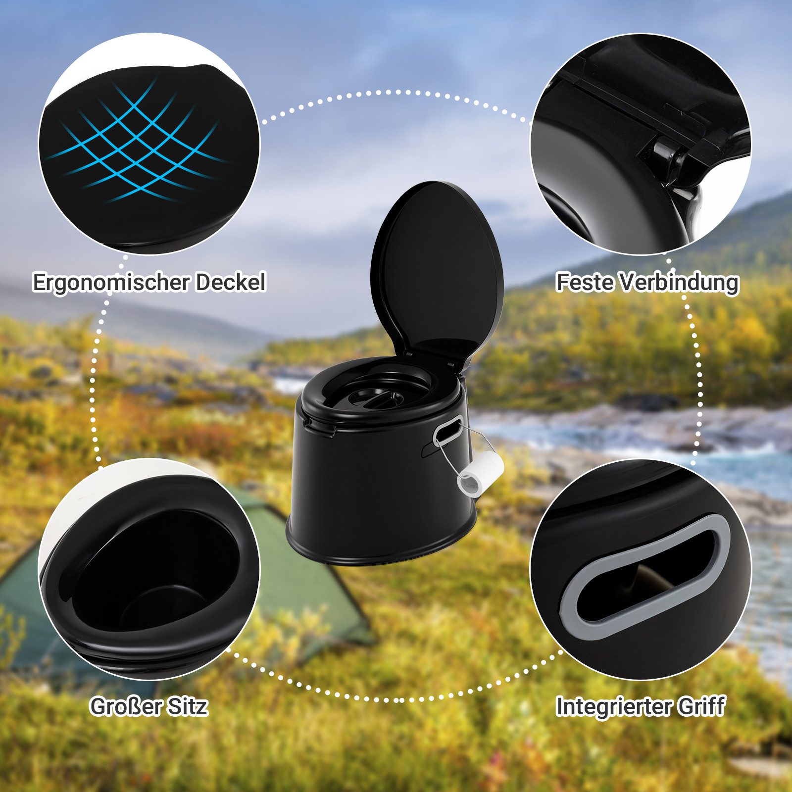 COSTWAY Campingtoilette, tragbar, mit abnehmbarem Eimer, Papierhalter