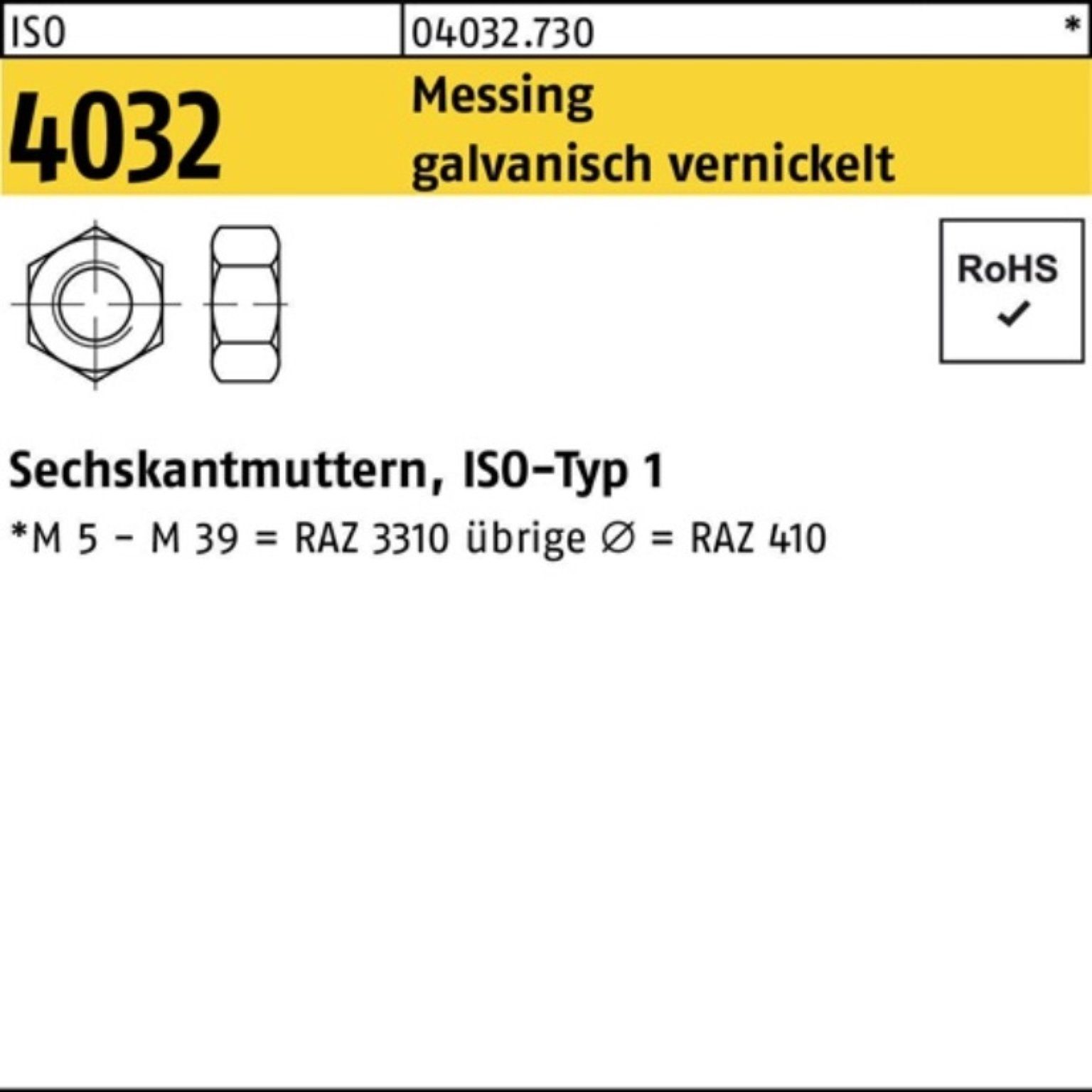 Bufab Muttern 100er Pack Sechskantmutter 4032 galv. S M12 vernickelt 100 Messing ISO