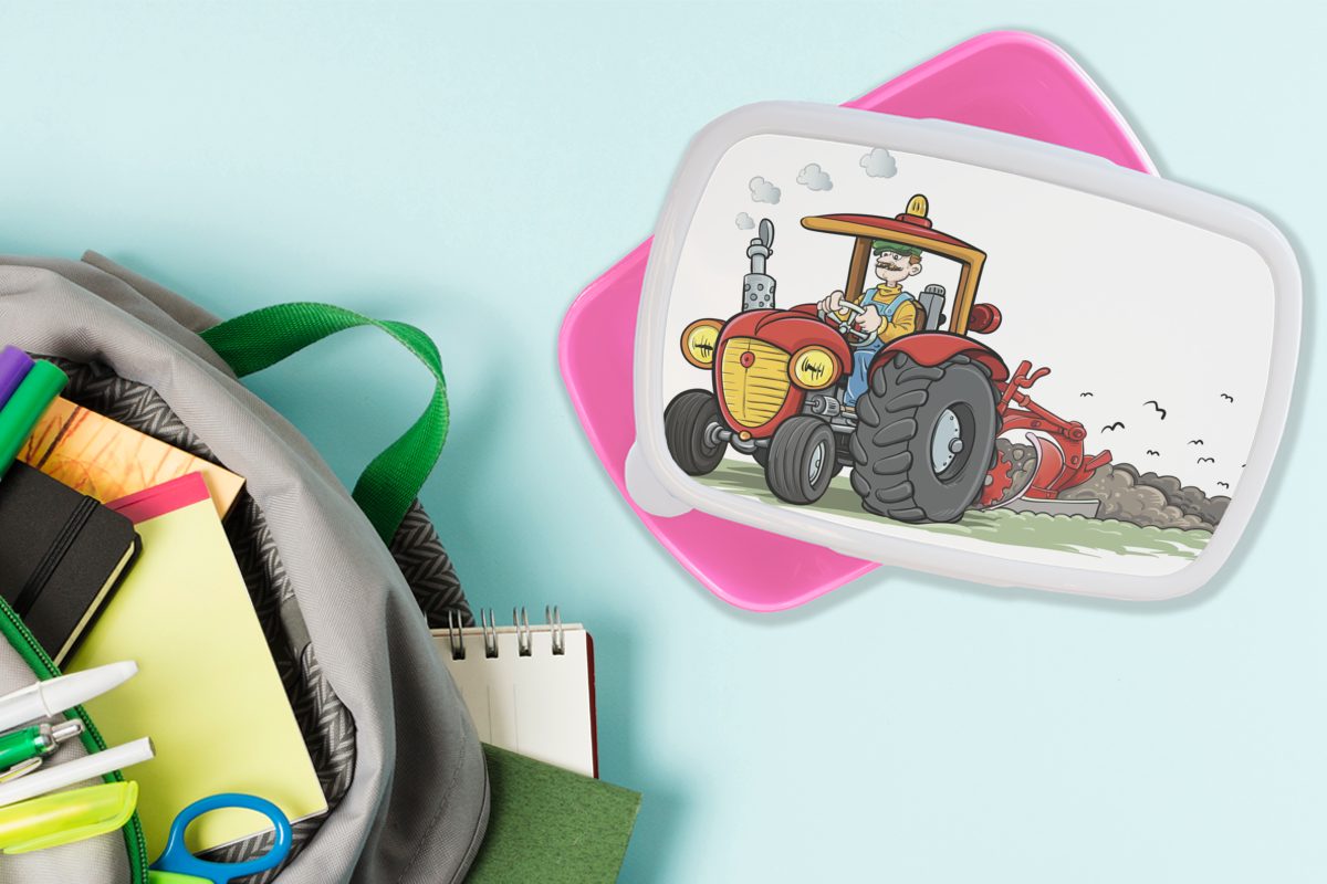 Brotbox Landwirt für Traktor (2-tlg), Brotdose Kunststoff Kinder, Mädchen, Snackbox, MuchoWow Erwachsene, Rot, - Kunststoff, - rosa Lunchbox
