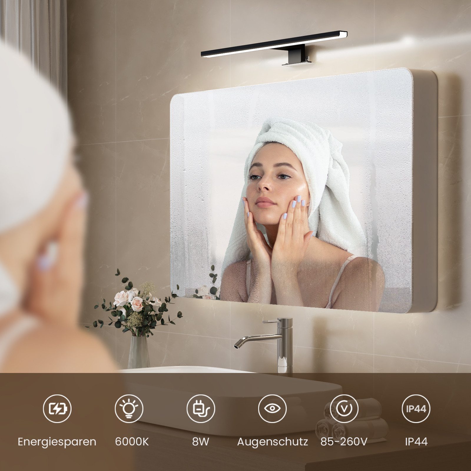 EMKE Spiegelleuchte LED L: 40cm 8W IP44 Wandlleuchte Badezimmer Wohnzimmer, LED fest integriert, Kaltweiß, Neutralweiß, Chrom oder Schwarz