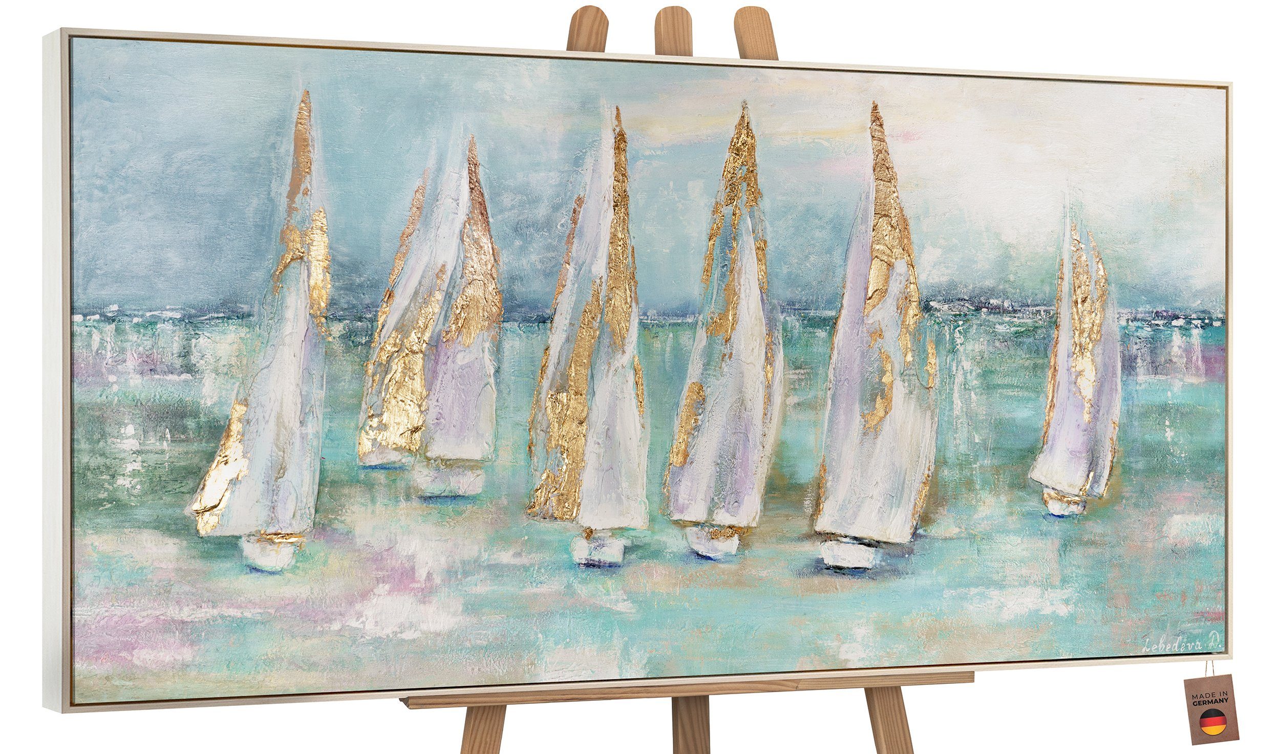 YS-Art Gemälde Segelboote, Meer, Leinwand Bild Handgemalt Segelboote am Meer Türkis Gold Mit Rahmen in Beige