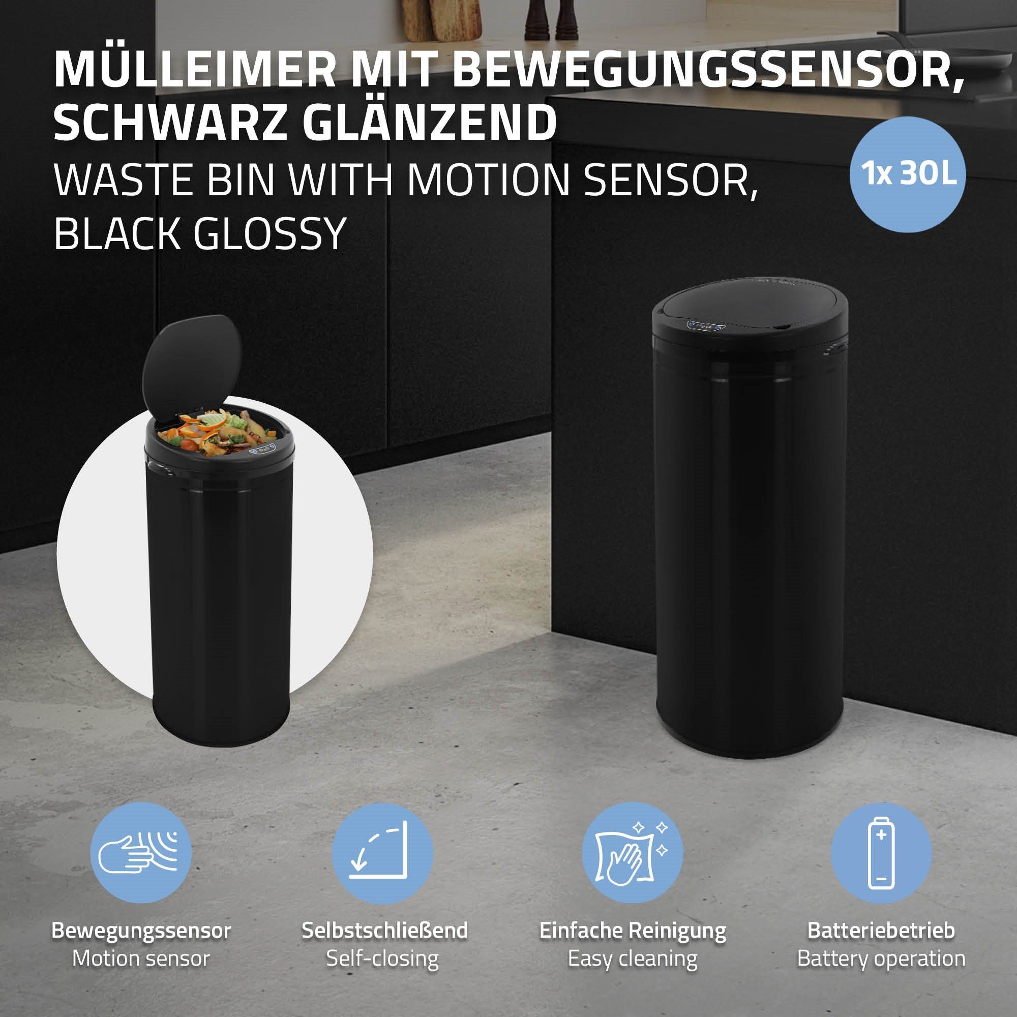 Öffnen Mülleimer Sensor mit 30L Bewegungssensor, Rund & Schwarz Edelstahl Abfalleimer Schließen ML-DESIGN Müllbehälter automatisches mit