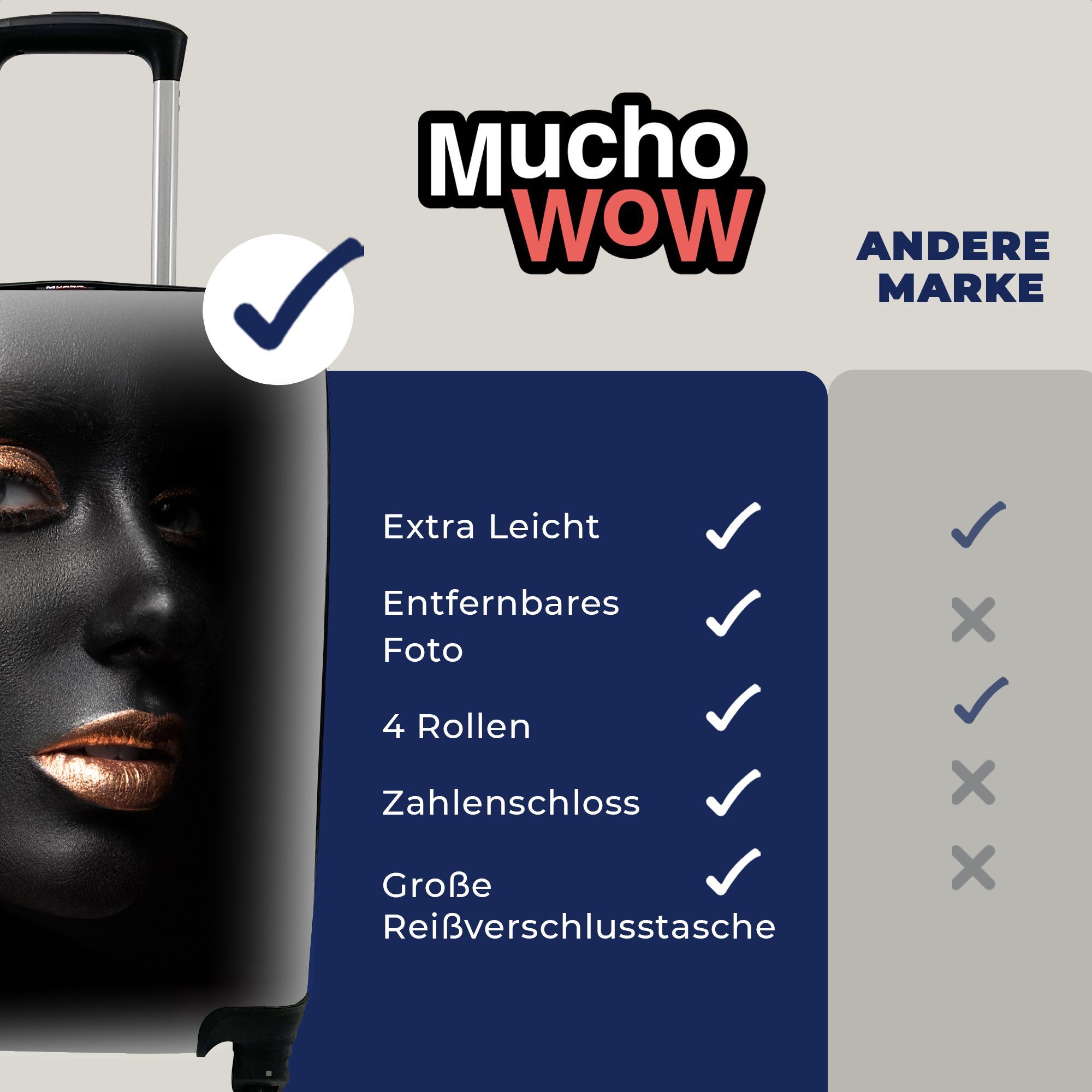 MuchoWow Handgepäckkoffer Schwarz Gold Trolley, - Reisekoffer Reisetasche 4 Ferien, rollen, für Handgepäck mit Rollen, Frau, 