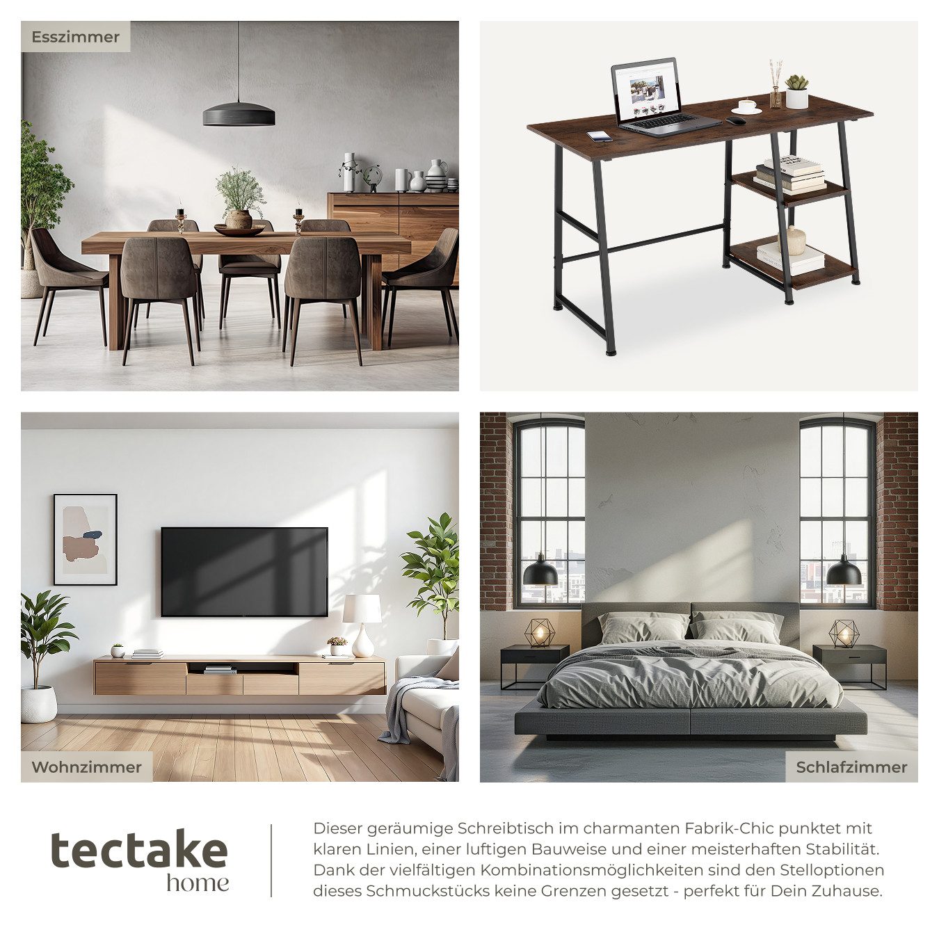 tectake Schreibtisch Bürotisch mit höhenverstellbaren Kunststofffüßen, 120 x 50 x 73,5 cm (Arbeitstisch Paisley, 1-St., in Industrial Holz dunkel, rustikal), Ho – Bild 5 von 5