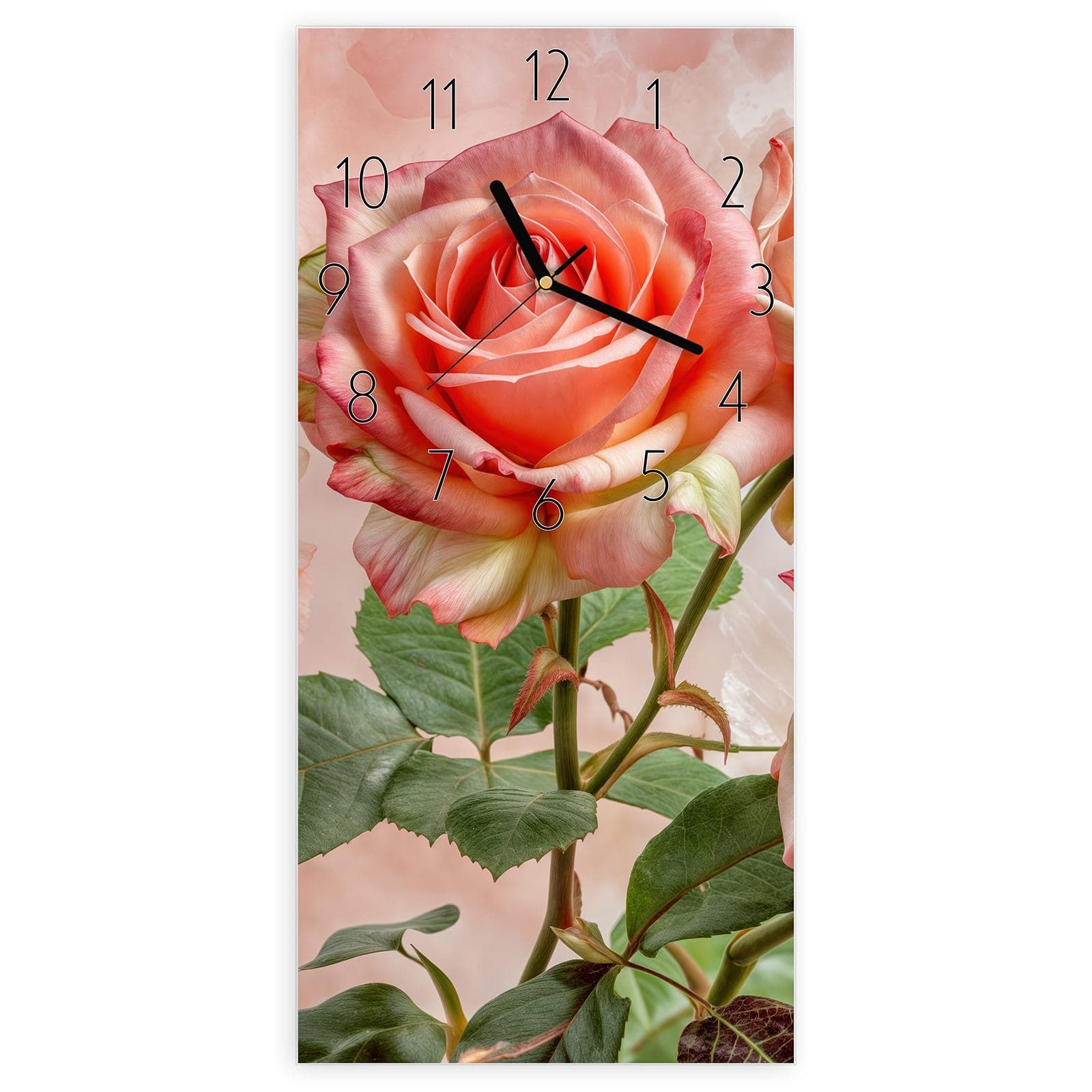 Wanduhr Glasuhr Wandkunst Größe 30 x 60 cm mit Motiv Rosen Bouquet