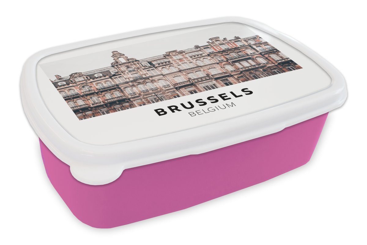 MuchoWow Lunchbox Belgien - Brüssel Huizen, Brotdose (2-tlg), rosa Kinder, Kunststoff, Brotbox für Erwachsene, Mädchen, Snackbox, - Kunststoff