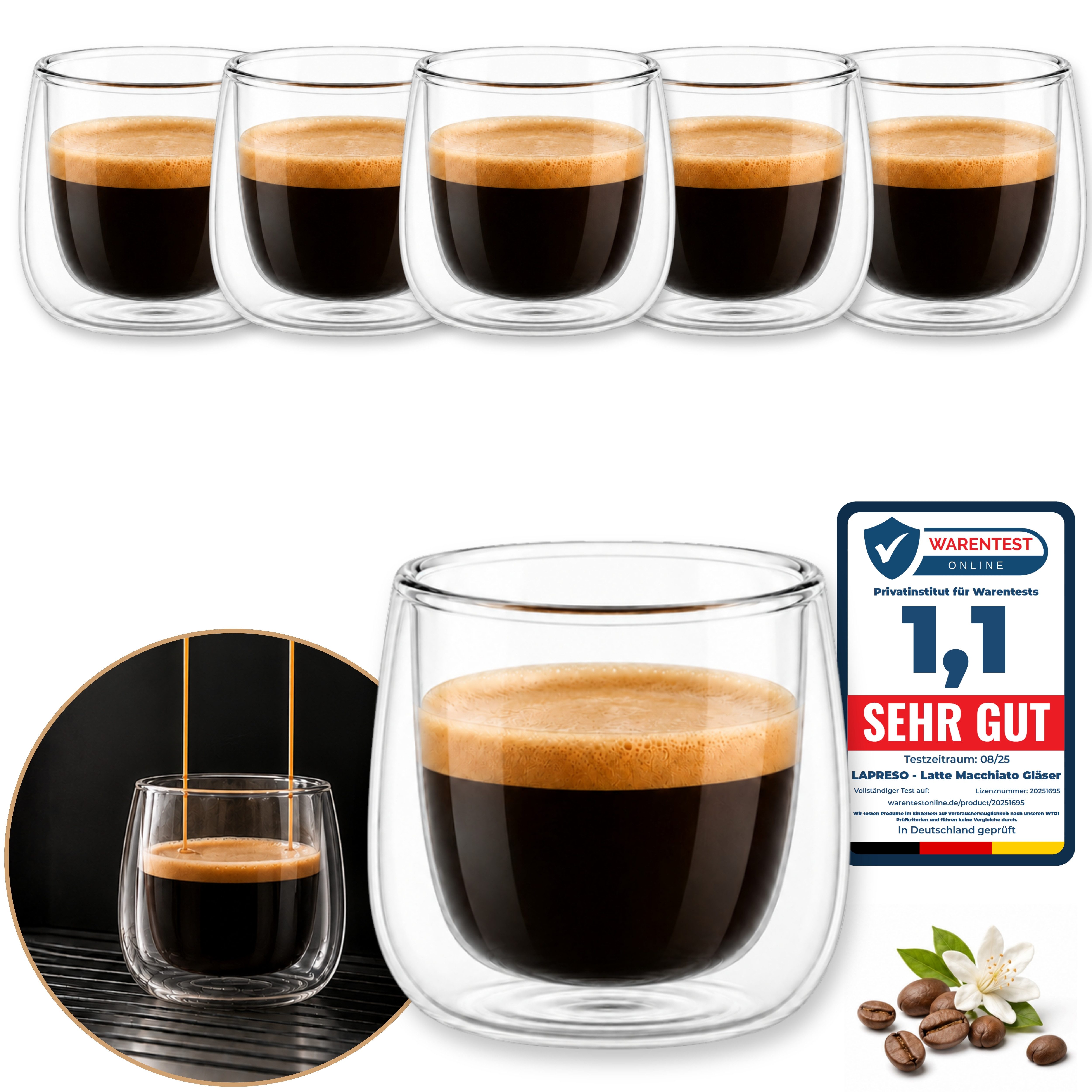 LAPRESO Espressoglas Doppelwandig Thermogläser Kaffeegläser Set 80 ml, 6-tlg., Borosilikatglas, 6er Set