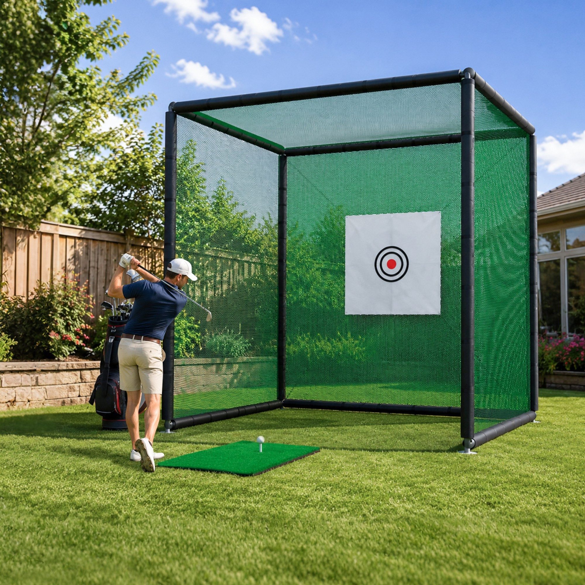 LVHOM Golf-Abschlagmatte Golf-Übungsnetz 300x300x300cm – Wie auf dem Platz, zuhause (pulverbeschichtet, 4 Schutznetze, Zielplane, Übungsmatte, Gummi-Tee, 2 Bälle, Abspannseile, Heringe, Bodenanker), für Indoor/Outdoor