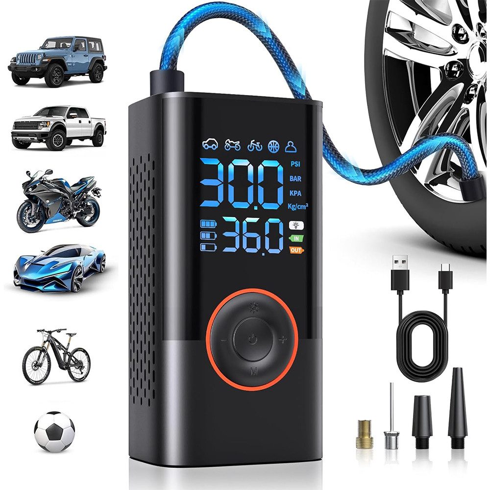 TUWENA Akku-Luftpumpe Kabelloser Elektrische Luftpumpe, 150PSI Akku Kompressor Fahrradpumpe, mit LED-Licht & Auto-Stopp, für E-Bike, Auto, Motorrad, Bälle