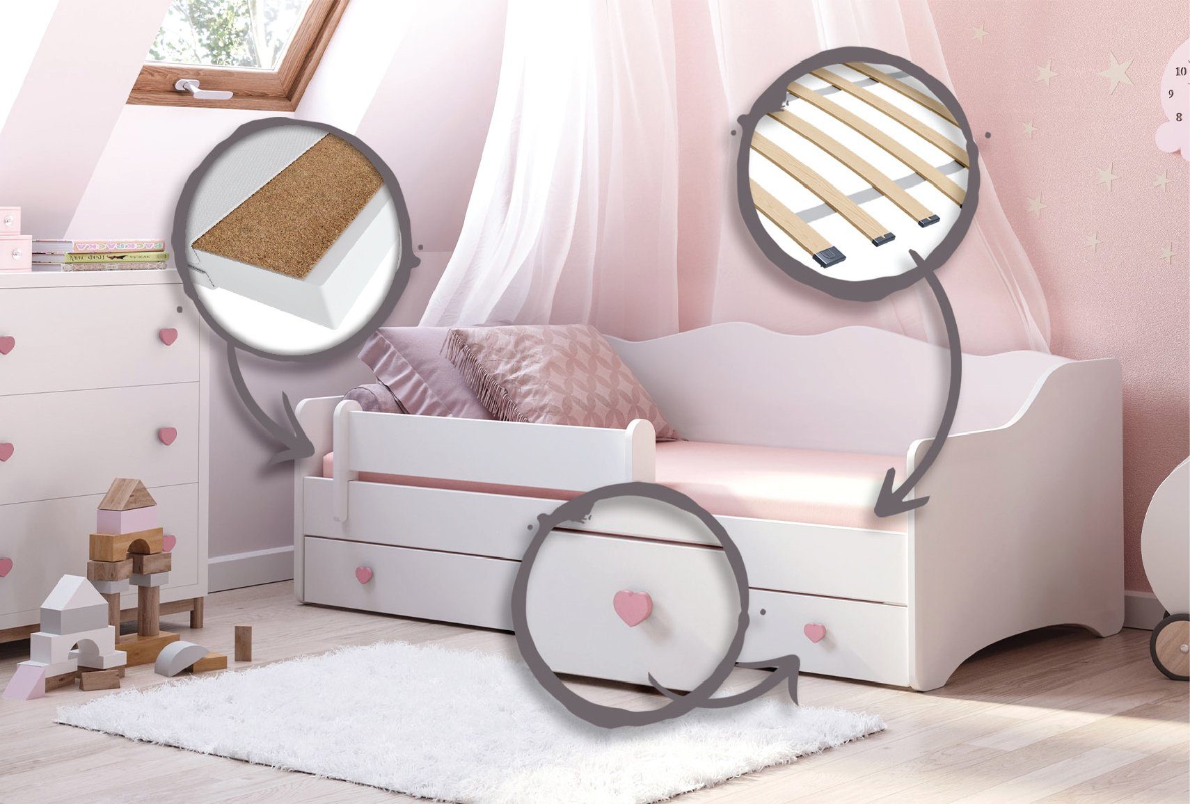 Kids Collective Kinderbett Mädchenbett 80x160 80x180 mit Matratze, Rausfallschutz & Schublade, Rosa,160x80 cm,mit punktelastischer Matratze