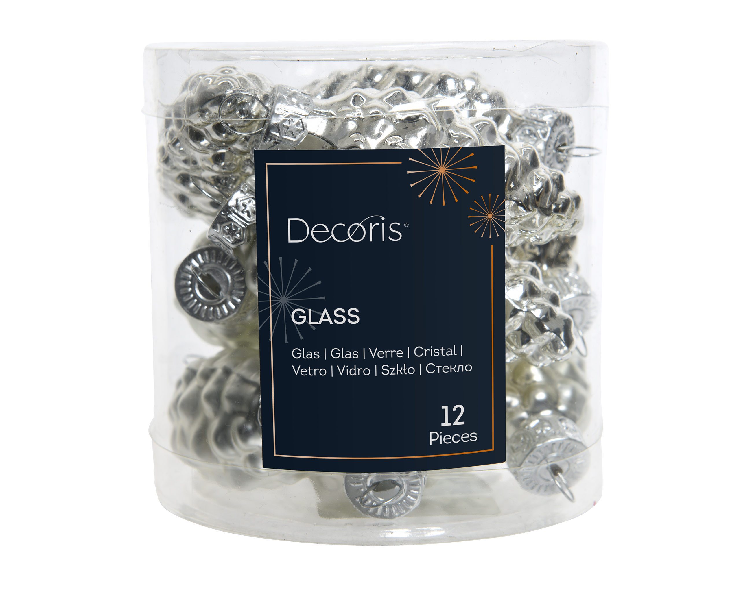 Kaemingk Christbaumschmuck, Christbaumschmuck Zapfen 6cm Glas 12 Stück - Silber