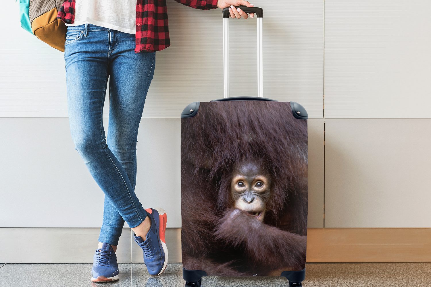 MuchoWow Handgepäckkoffer Ein Orang-Utan 4 Ferien, für seiner Handgepäck Rollen, Reisekoffer rollen, mit Mutter, mit Trolley, Reisetasche
