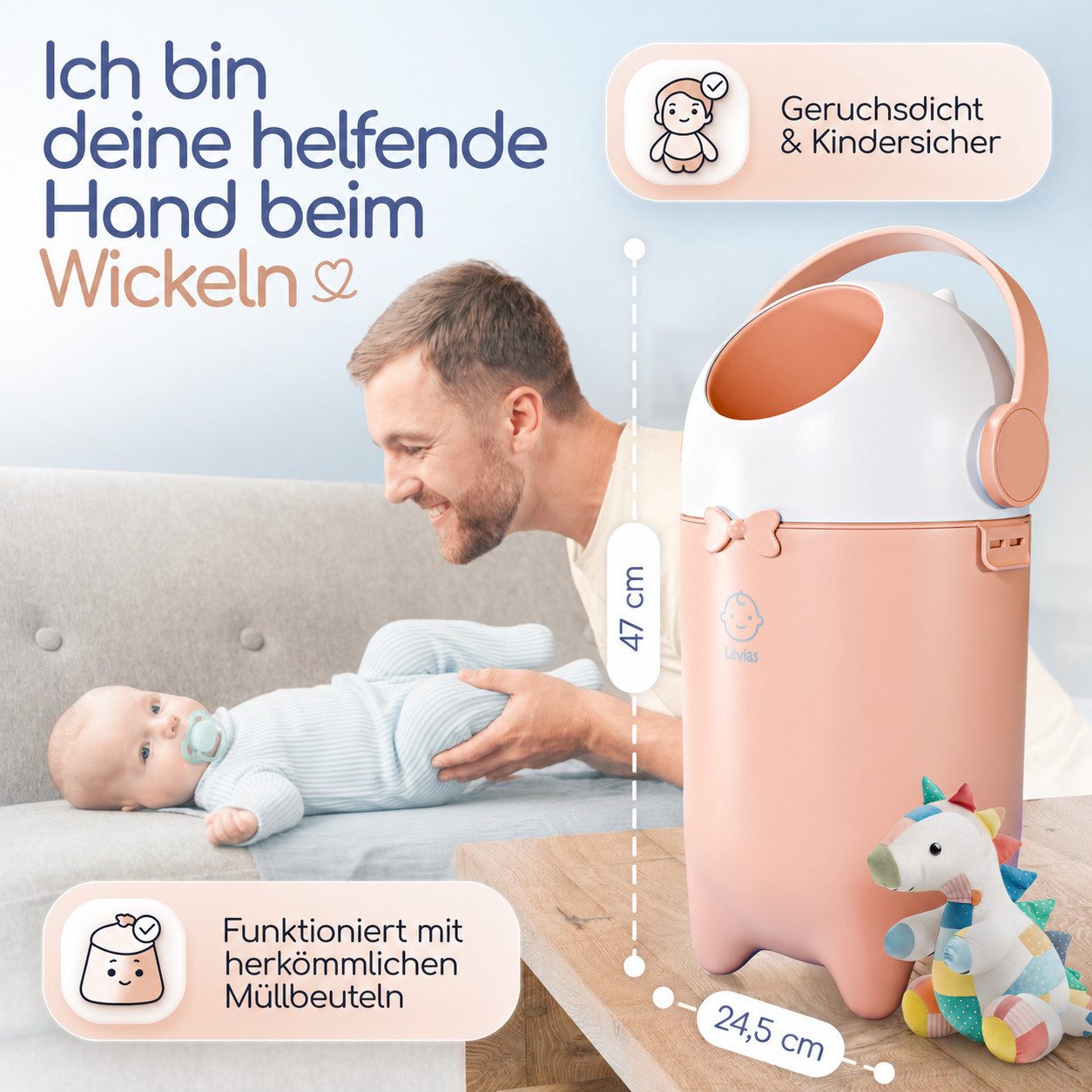 Levias Windeleimer Baby Mülleimer Windelmülleimer Geruchsdichter Wickeleimer, Geruchsdicht, ohne teure Nachfüllkassetten