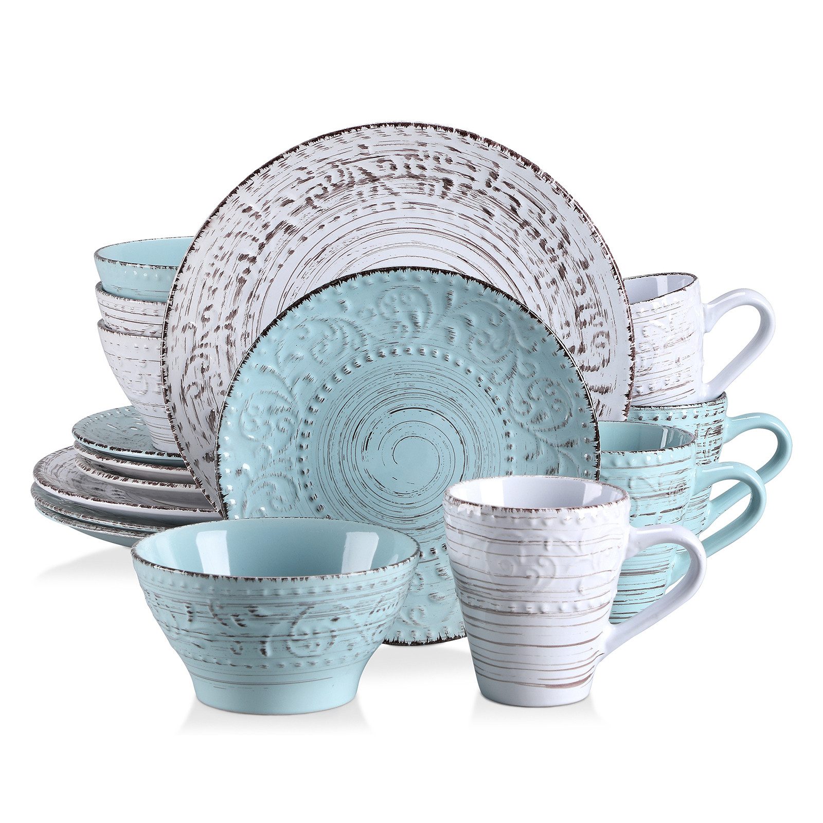 vancasso Geschirr-Set 16-tlg Tafelservice, für 4, Steingut, Beige & Blau, Reliefmuster (16-tlg), 4 Personen, Steingut