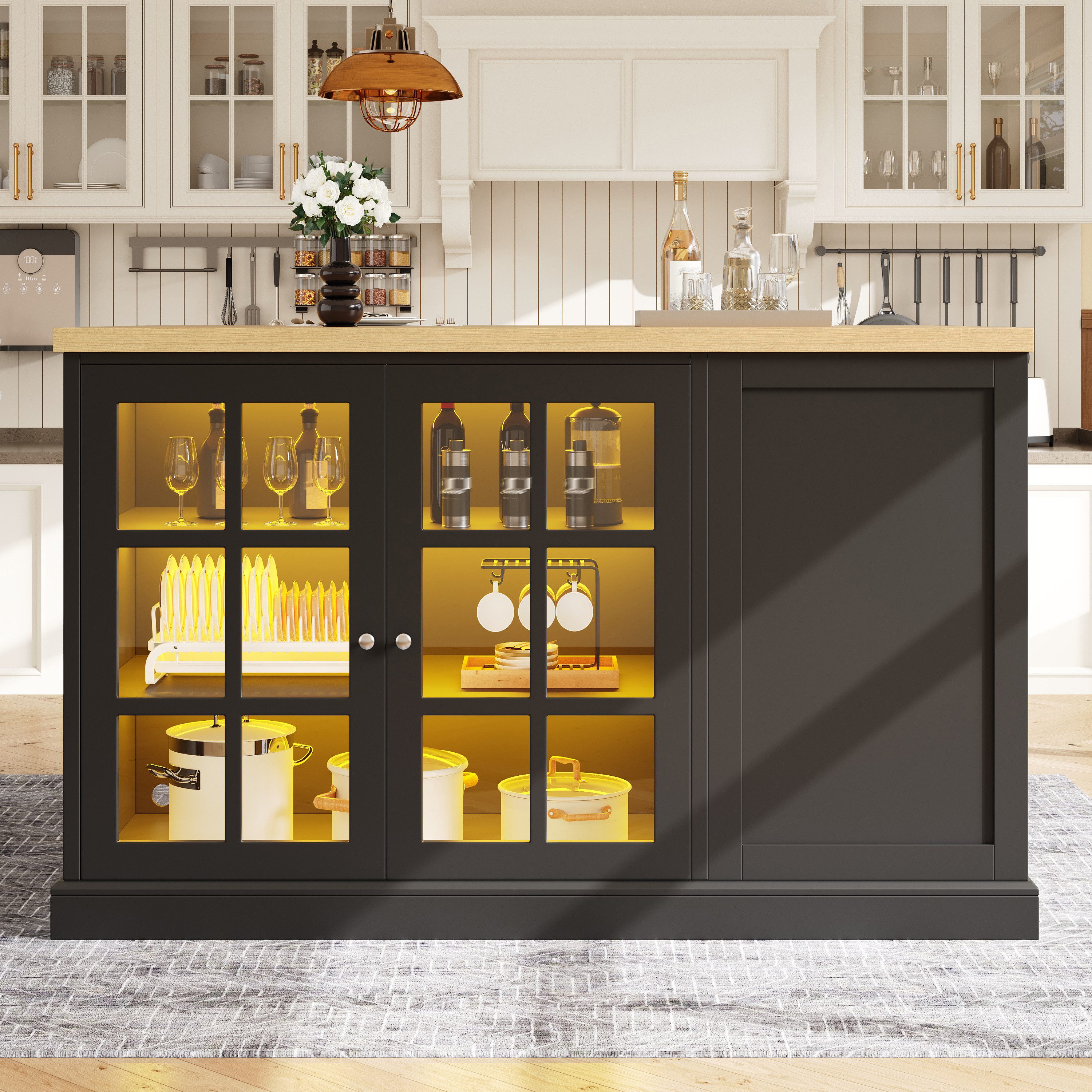 HAUSS SPOLE Kücheninsel mit Weinregal & LED-Licht,Küchenschrank Bartisch für kleine Wohnungen, (Klappbar mit integriertem Stauraum- und Beleuchtungssystem), Wohnzimmerschrank mit USB-Betrieb