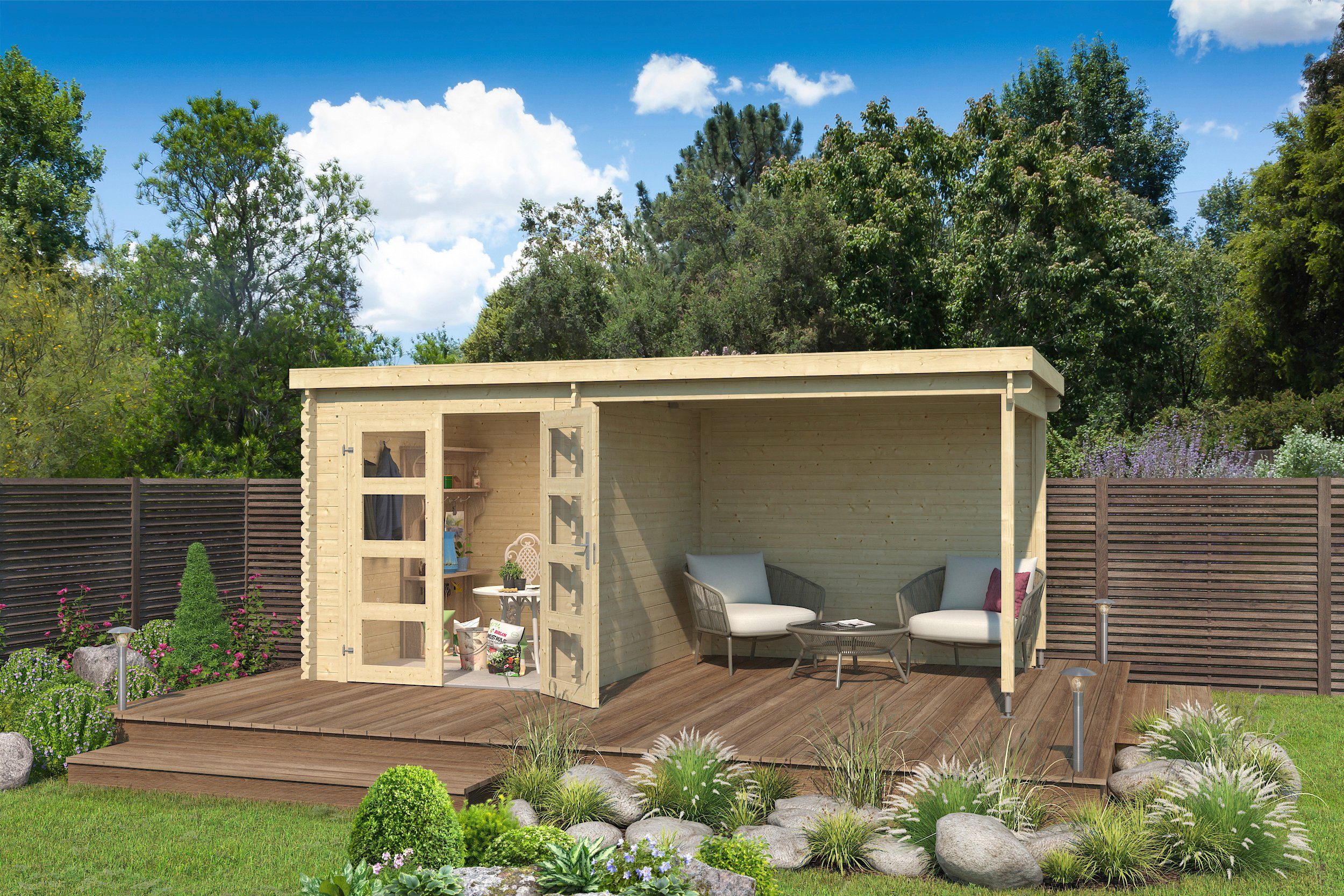 LASITA MAJA Gartenhaus Long Beach, BxT: 492x255 cm, (Set), Blockbohlenhaus 28mm mit Anbau