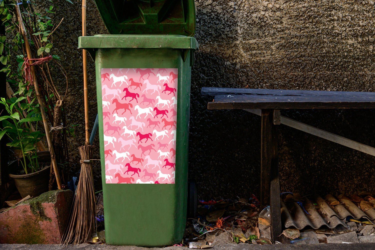 Mädchen - - - Silhouette MuchoWow Mülleimer-aufkleber, Sticker, Rosa Pferde Wandsticker - Abfalbehälter St), Mädchen (1 Mülltonne, Container, Kinder -