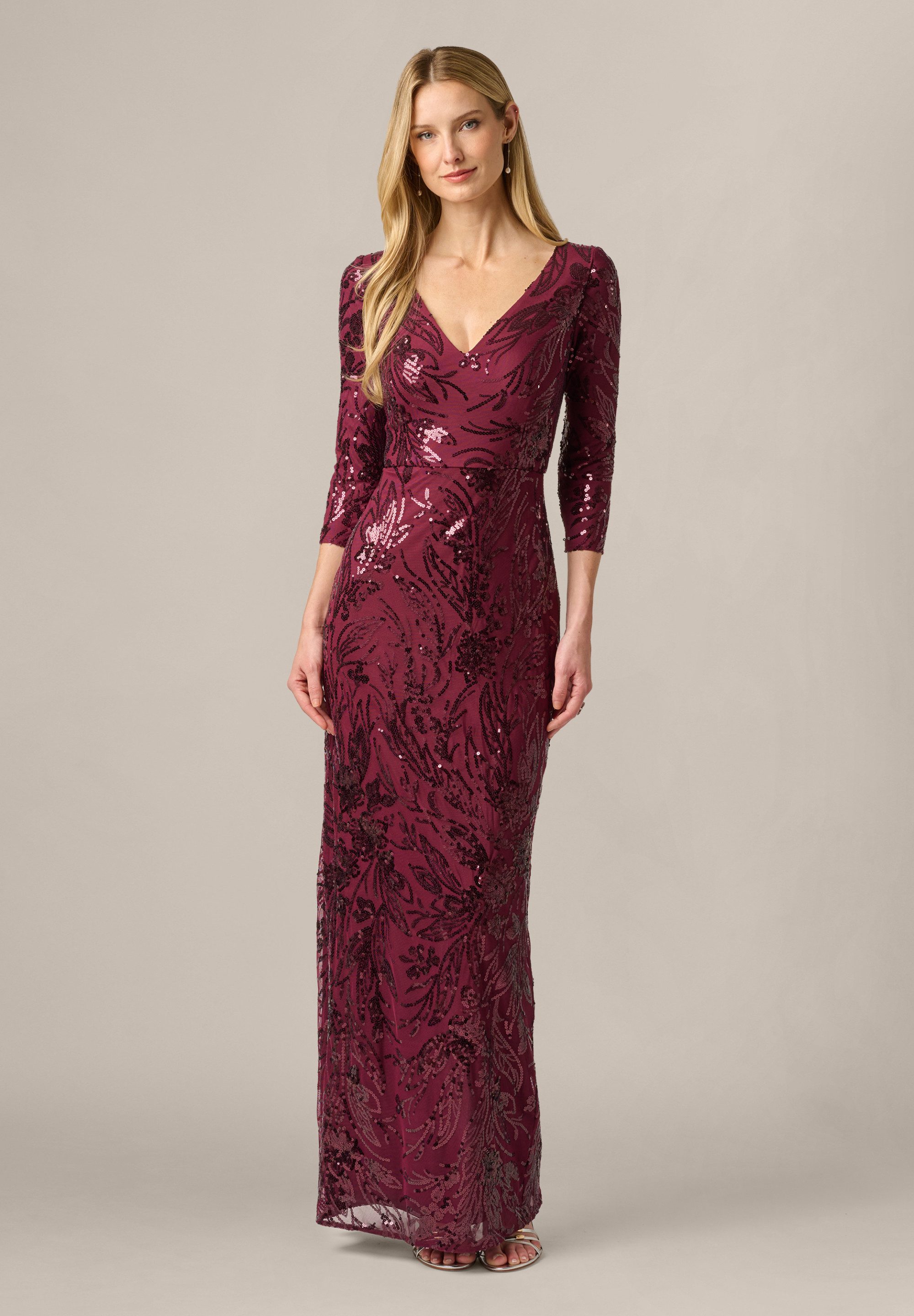 Adrianna Papell Abendkleid V-Neck Sequin Gown Figurbetontes, mit Pailletten verziertes Etuikleid