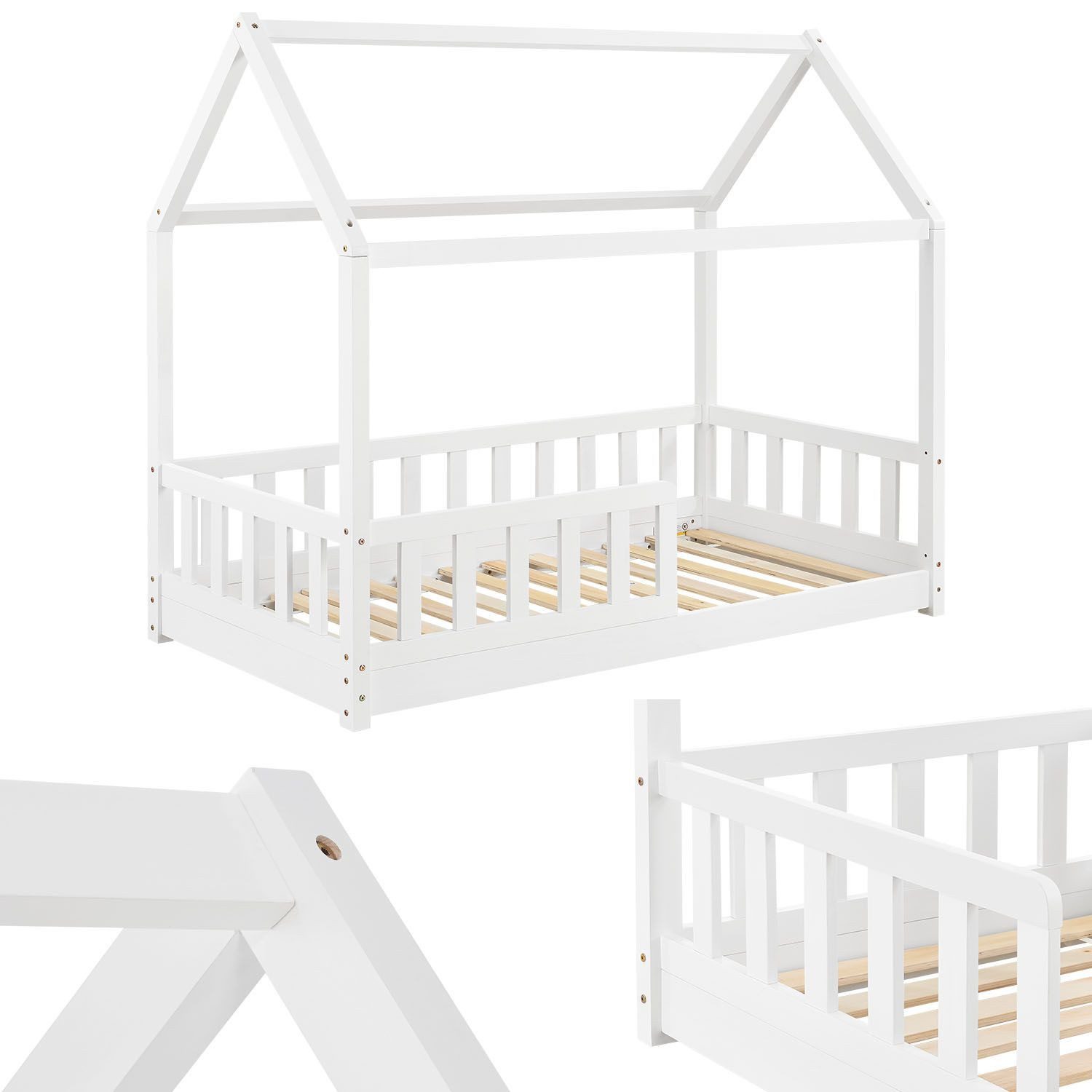Juskys Kinderbett Marli, 80x160 cm, Hausoptik mit Dach, Holz, Rausfallschut günstig online kaufen