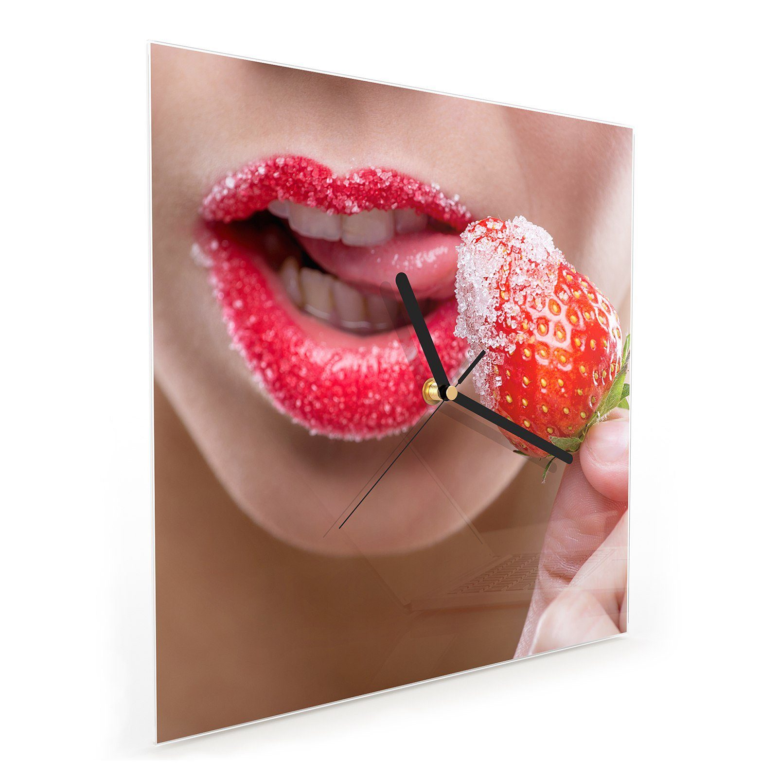 Glasuhr Lippen mit Erdbeere 30 cm Wanduhr Rote x und Größe Motiv Primedeco Wanduhr Wandkunst 30