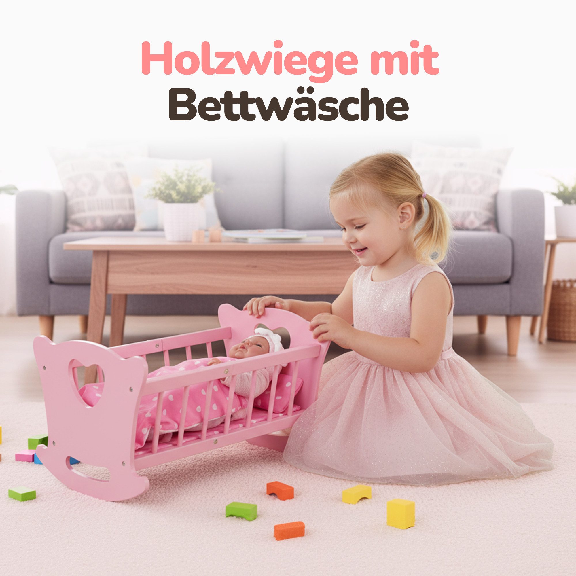 Green Series Puppenwiege Holzpuppenwiege mit Bettwäsche – Rollenspielspaß – komplett (Set)