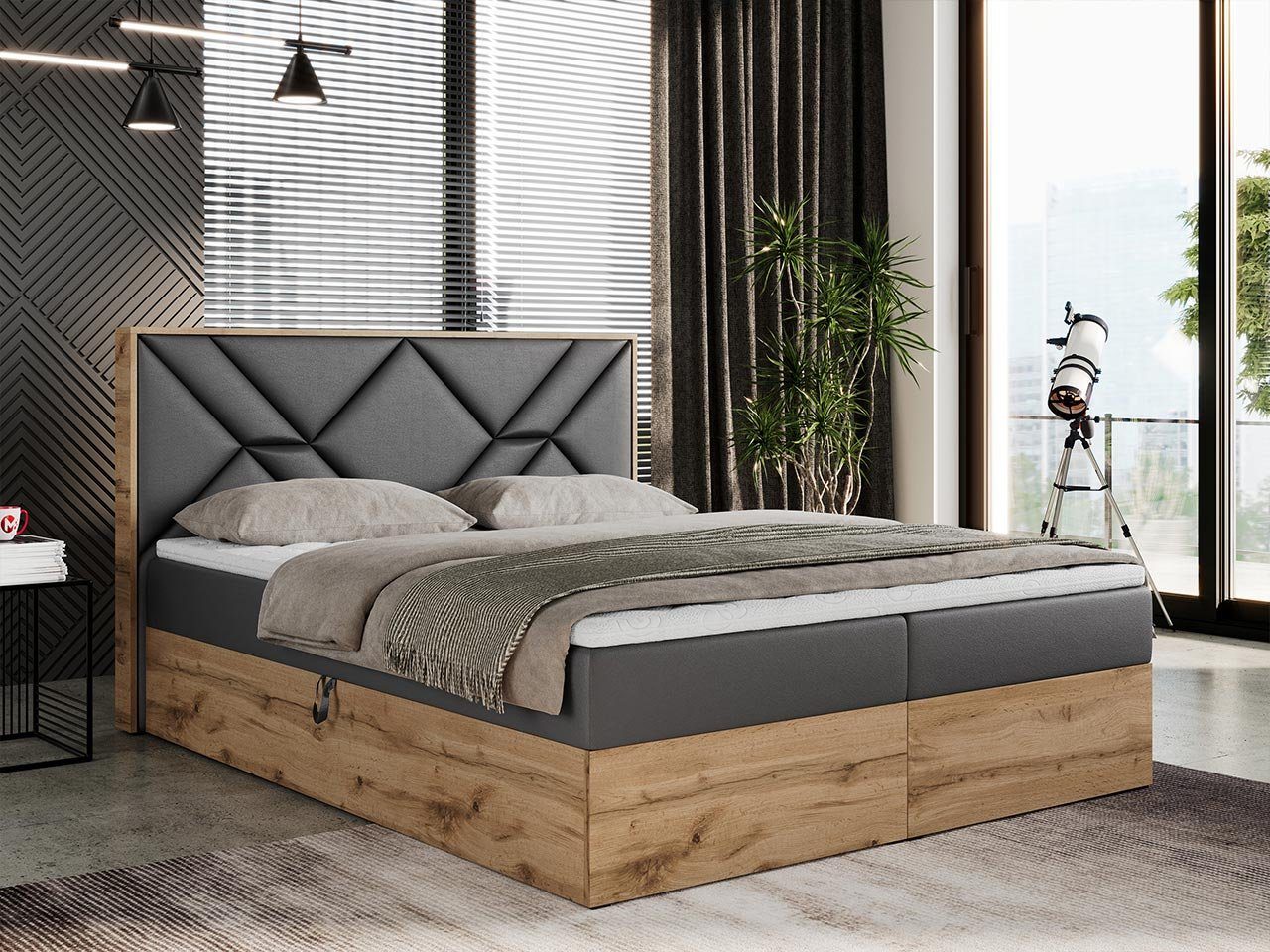 Boxspringbett Eiche MKS Doppelbett, und Multipocket-Matratze Topper, GUNAR, Holzrahmen MÖBEL