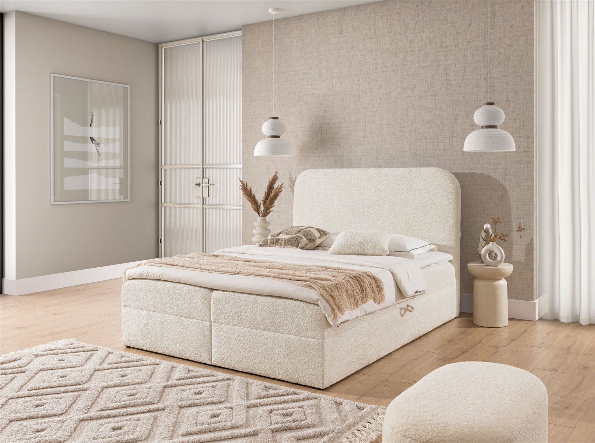Fun Möbel Boxbett Schlafzimmerbett BINETA Überlänge Stoff Coral, inkl. Bettkasten und Topper