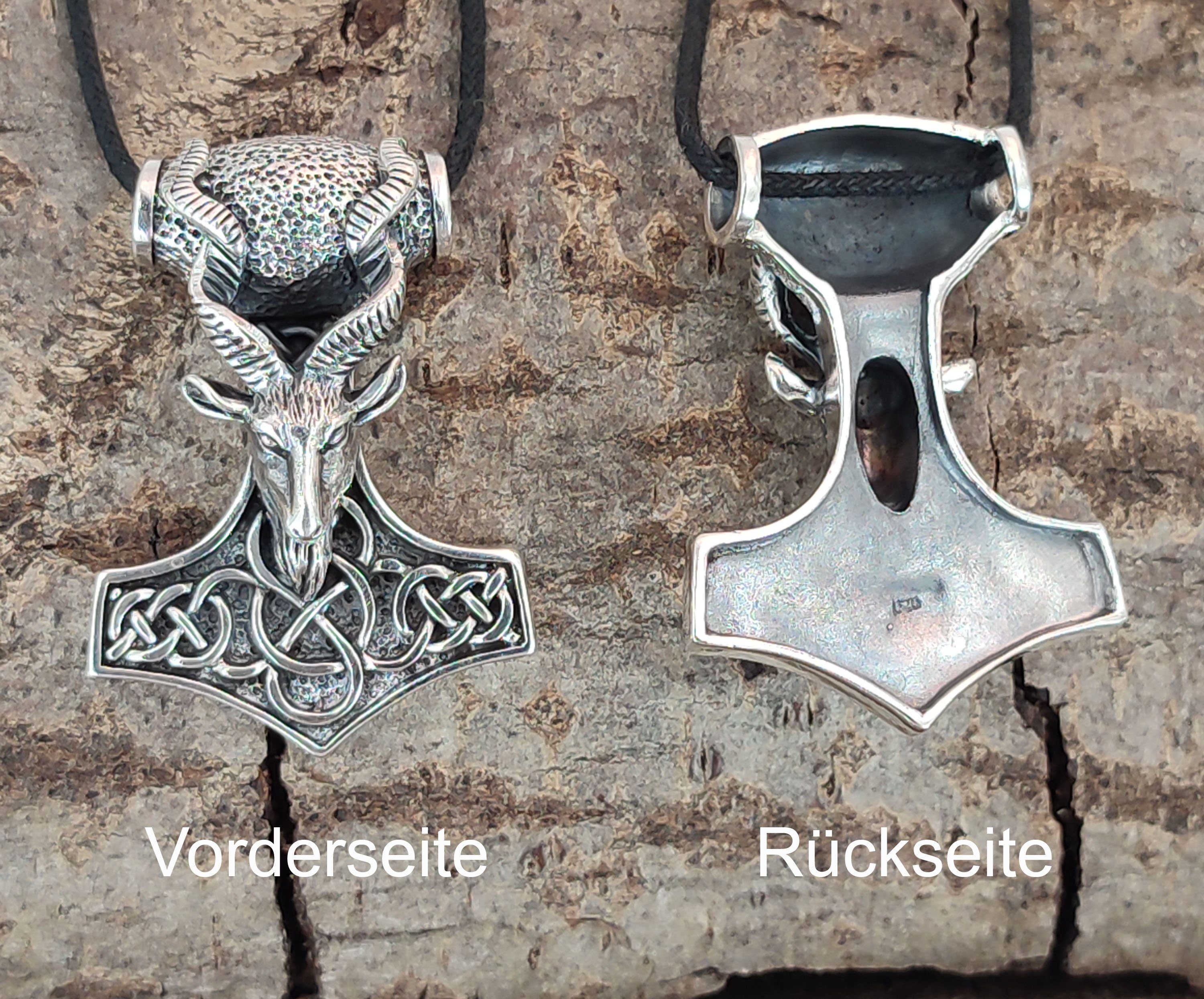 Silber Kiss Thor Thorhammer of Ziegenkopf Leather 925 Thorshammer Kettenanhänger Hammer Sterling