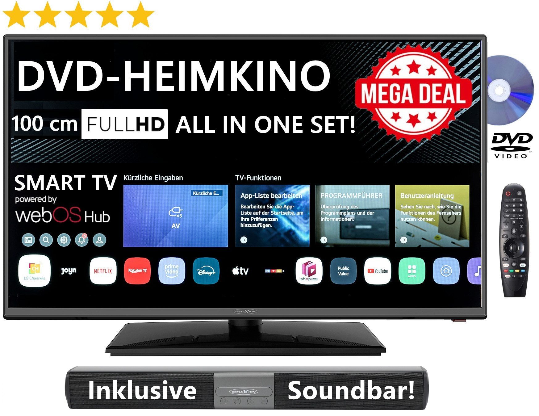 Reflexion LDDW40IBT LED-Fernseher (100 cm/40 Zoll, Full HD, Smart-TV, powered by webOS Hub (LG), DC IN 12 Volt / 24 Volt, Netzteil 230 Volt, integrierter DVD-Player)