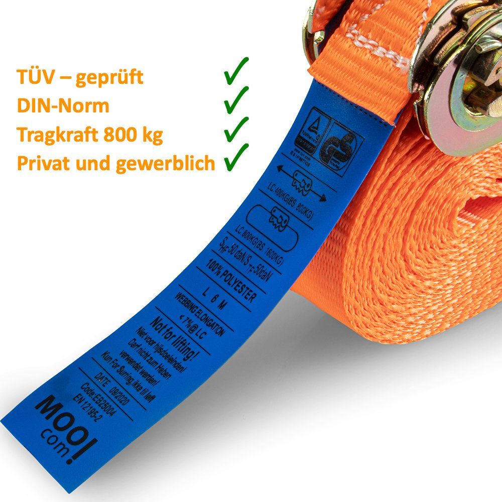 MOOcom! Spanngurt (800 kg einteilig orange, EN 12195-2) Zurrgurte Zertifikat Ratsche mit DIN TÜV 2-St., nach