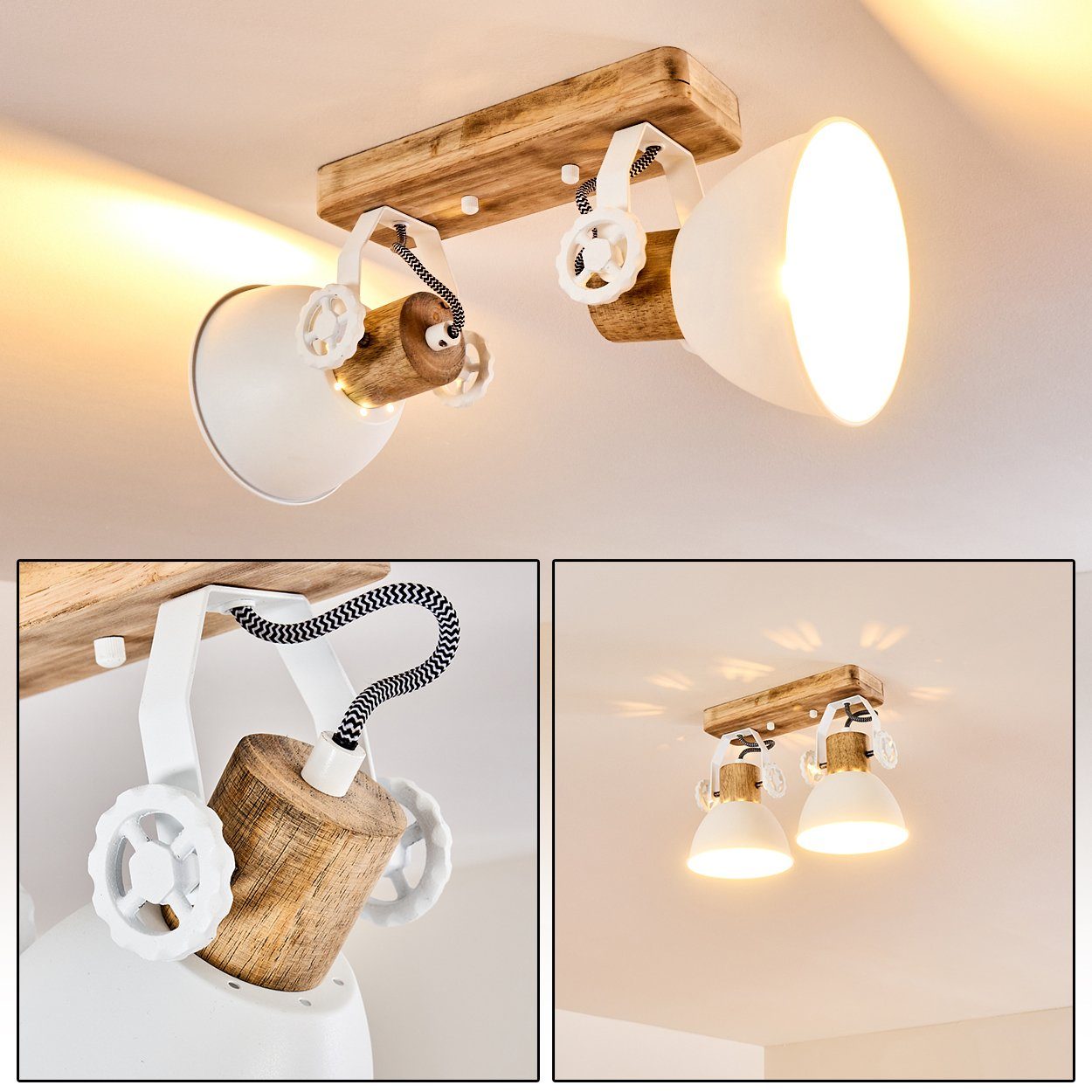 hofstein Deckenleuchte »Cotes« 2-flammige Metall/Holz Weiß/Braun, Spot aus Design im mit Retro/Vintage Deckenlampe in ohne 2xE27, verstellbaren Leuchtmittel, Strahlern