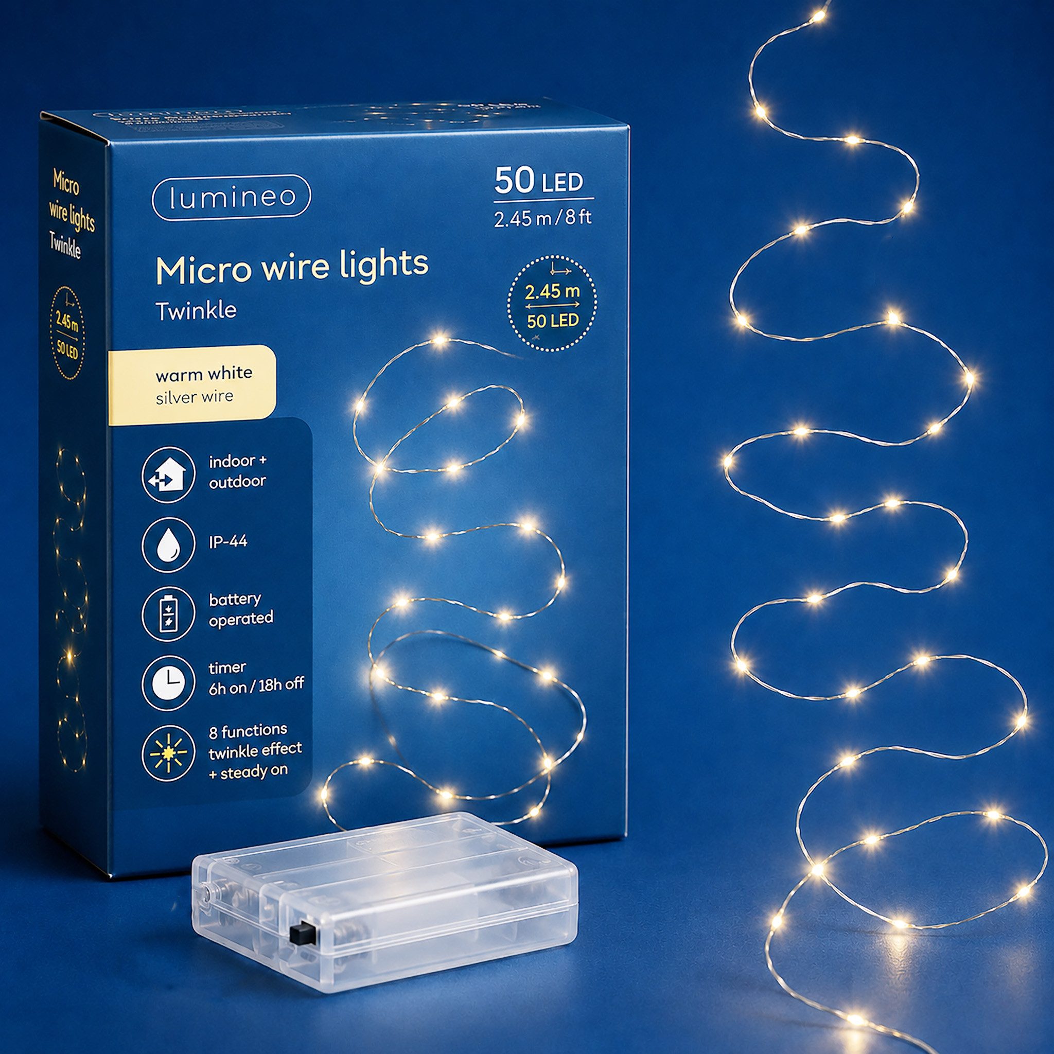 Lumineo LED-Lichterkette, LED Lichterkette mit Timer / Batteriebetrieb 245cm 50 LEDs Warmweiß von Lumineo