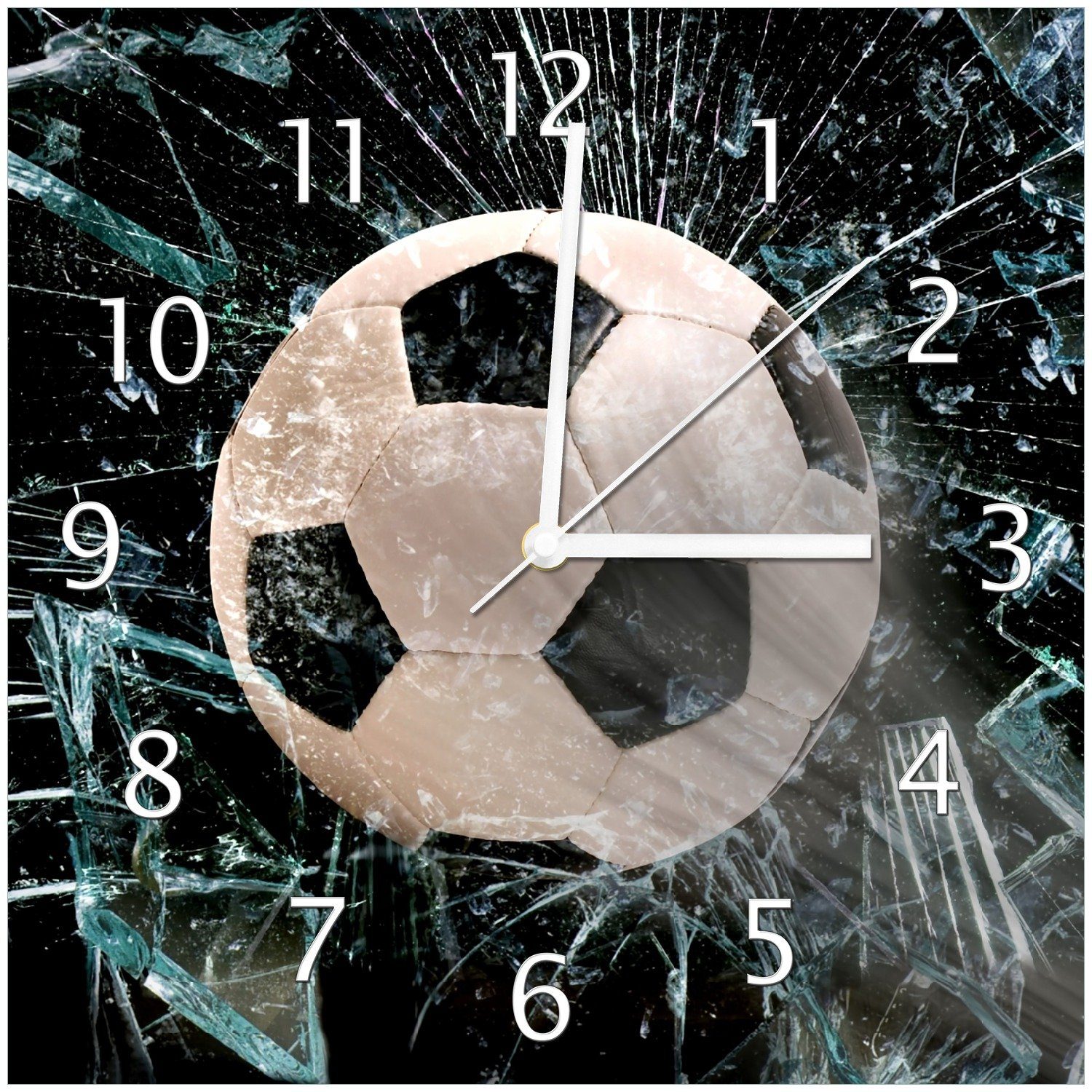 Wallario Wanduhr Fußball - im Fenster, Splitter und Glas (Glasuhr)