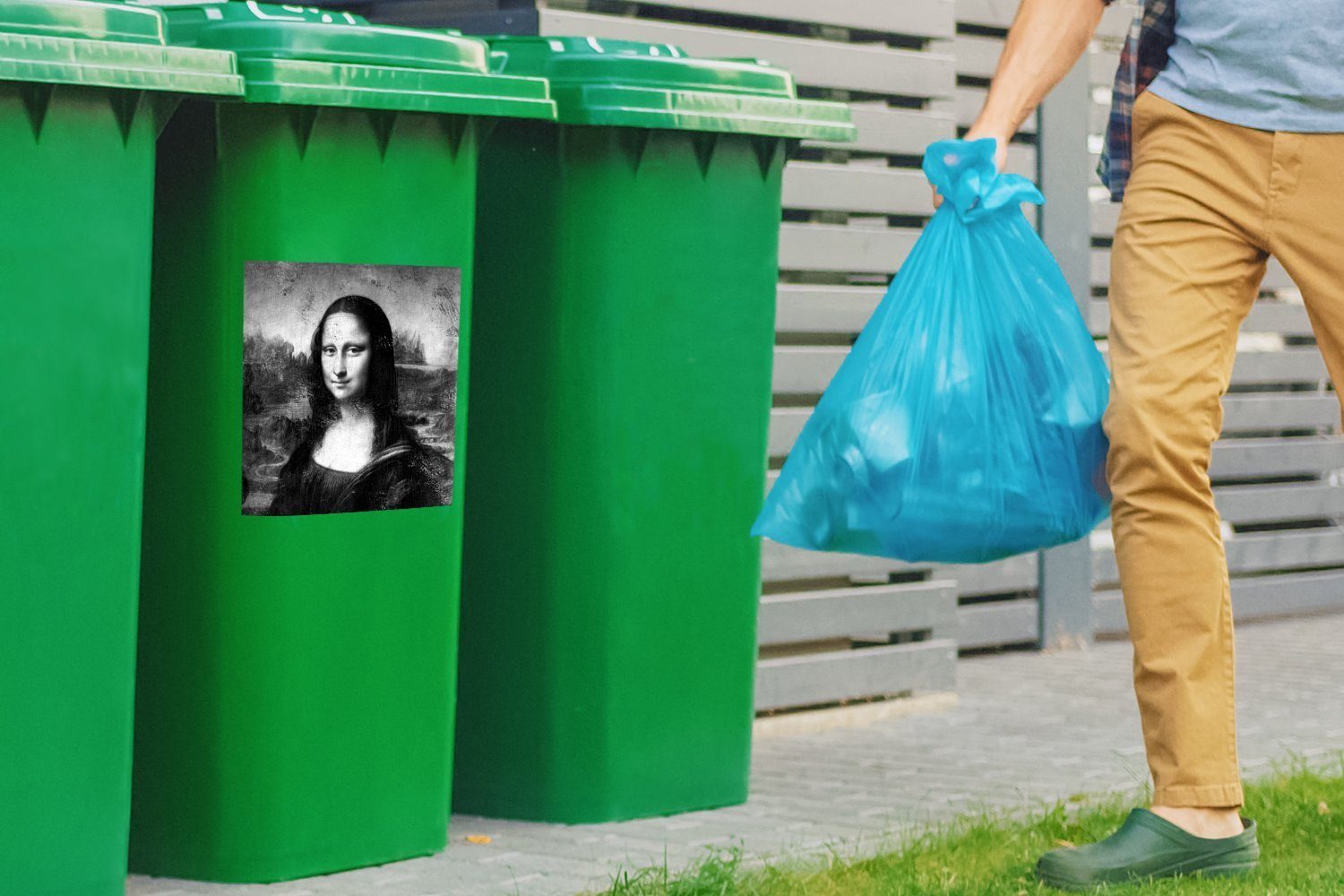 Mülltonne, St), (1 da Abfalbehälter - MuchoWow Sticker, - Wandsticker Schwarz - Container, Weiß Leonardo Mülleimer-aufkleber, Lisa Mona Vinci