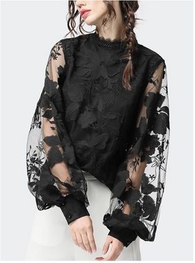 ZWY Spitzenshirt Lace Transparent Long Sleeve Round Neck Embroidered Shirt