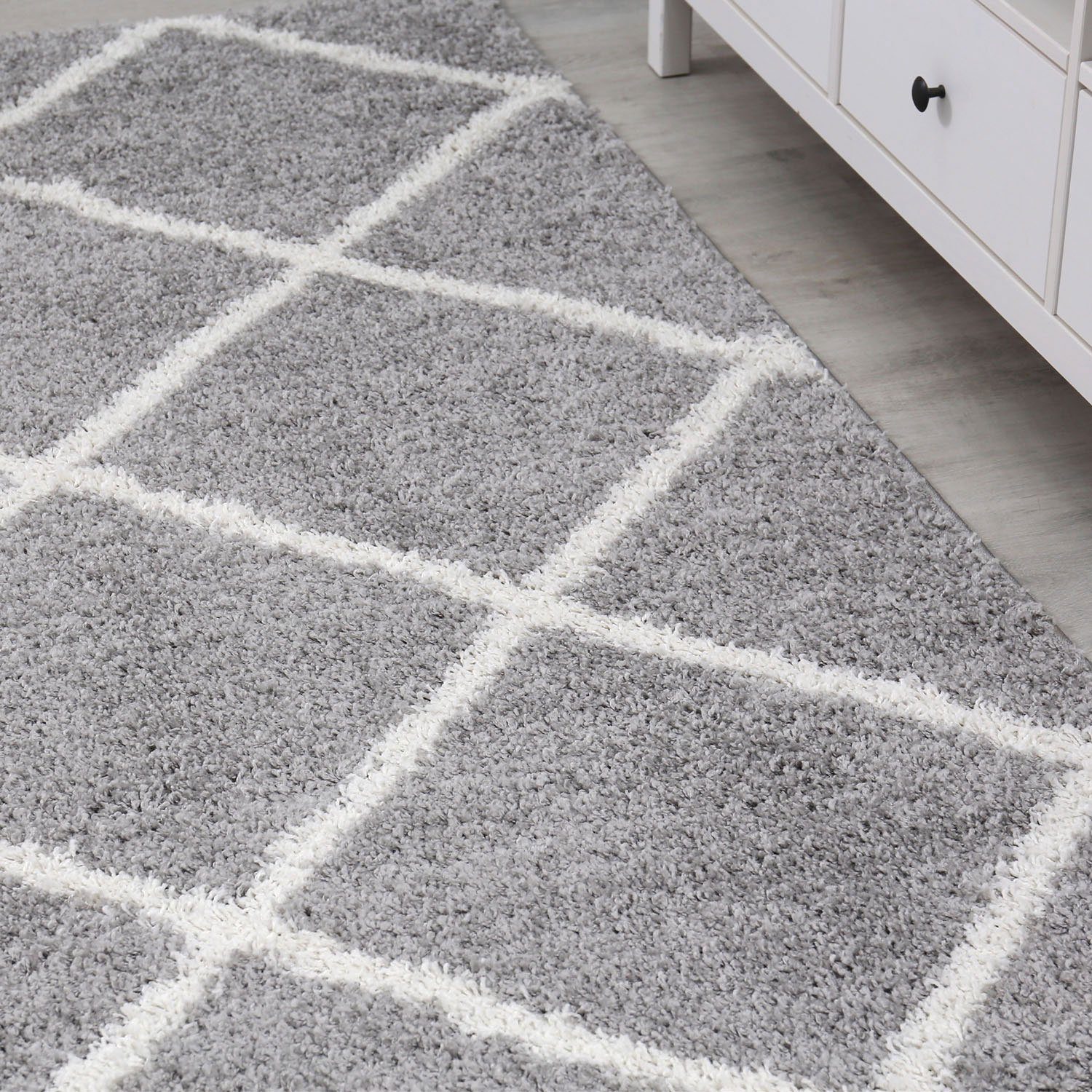 Vimoda Hochflor-Läufer Shaggy Wohnzimmer Rautenmuster Weiss, Rechteckig, Höhe: 30 mm, Langflor, Rauten muster, Skandi Design in Creme – Bild 5 von 5