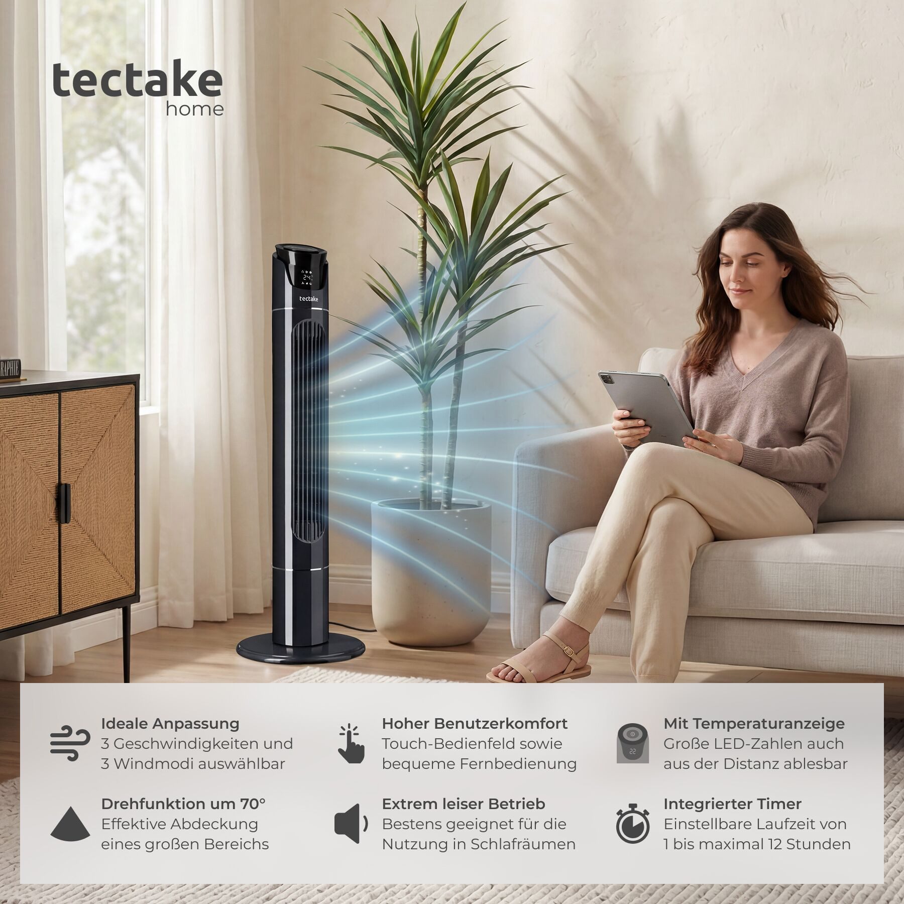tectake Turmventilator Standlüfter in anthrazit, 3 Modi, 31 x 110 cm, Inkl. Fernbedienung, oszillierend, mit Timer-Funktion, LED-Bedienfeld