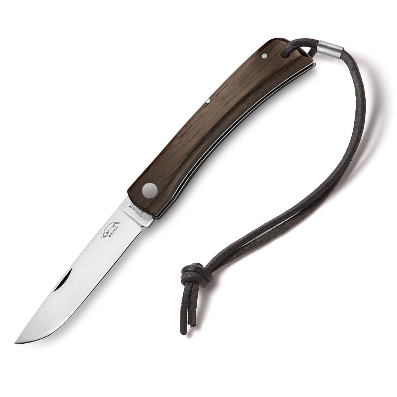 Otter Messer Taschenmesser Hippekniep groß Räuchereiche mit Lederband, Klinge Carbonstahl, Slipjoint