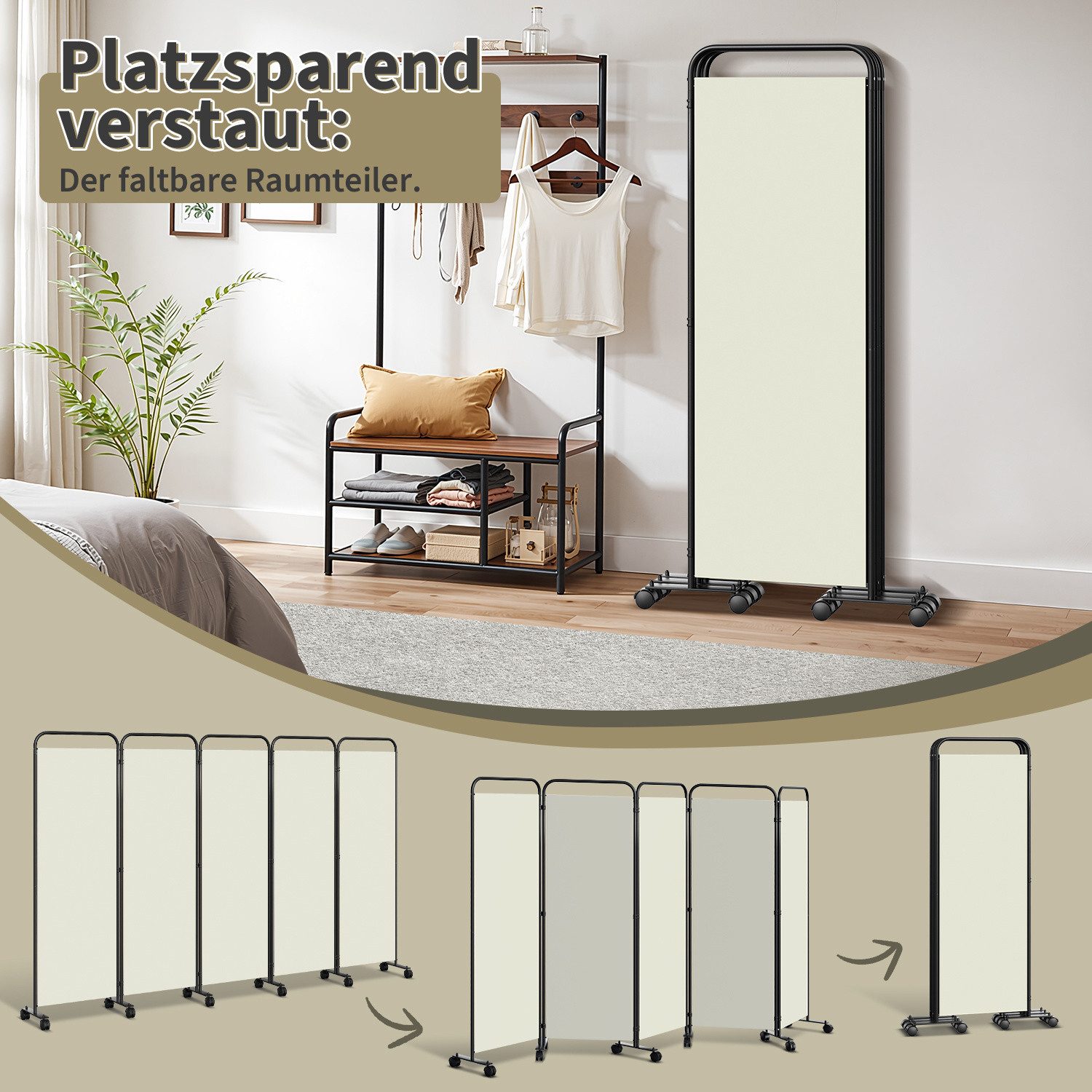 Clanmacy Paravent Trennwand auf Rollen Sichtschutz Raumteiler Klappbar Outdoor Garten – Bild 3 von 5
