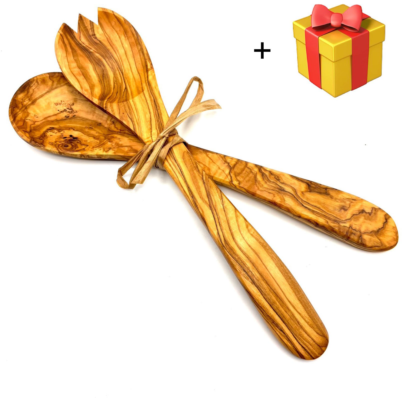 Olivenholz-erleben Salatbesteck Salatbesteck mittel mit Bastband (Set, 2-tlg., 1x Salatlöffel, 1x Salatgabel), Stilvoll Salate servieren – ein echter Blickfang auf dem Tisch.