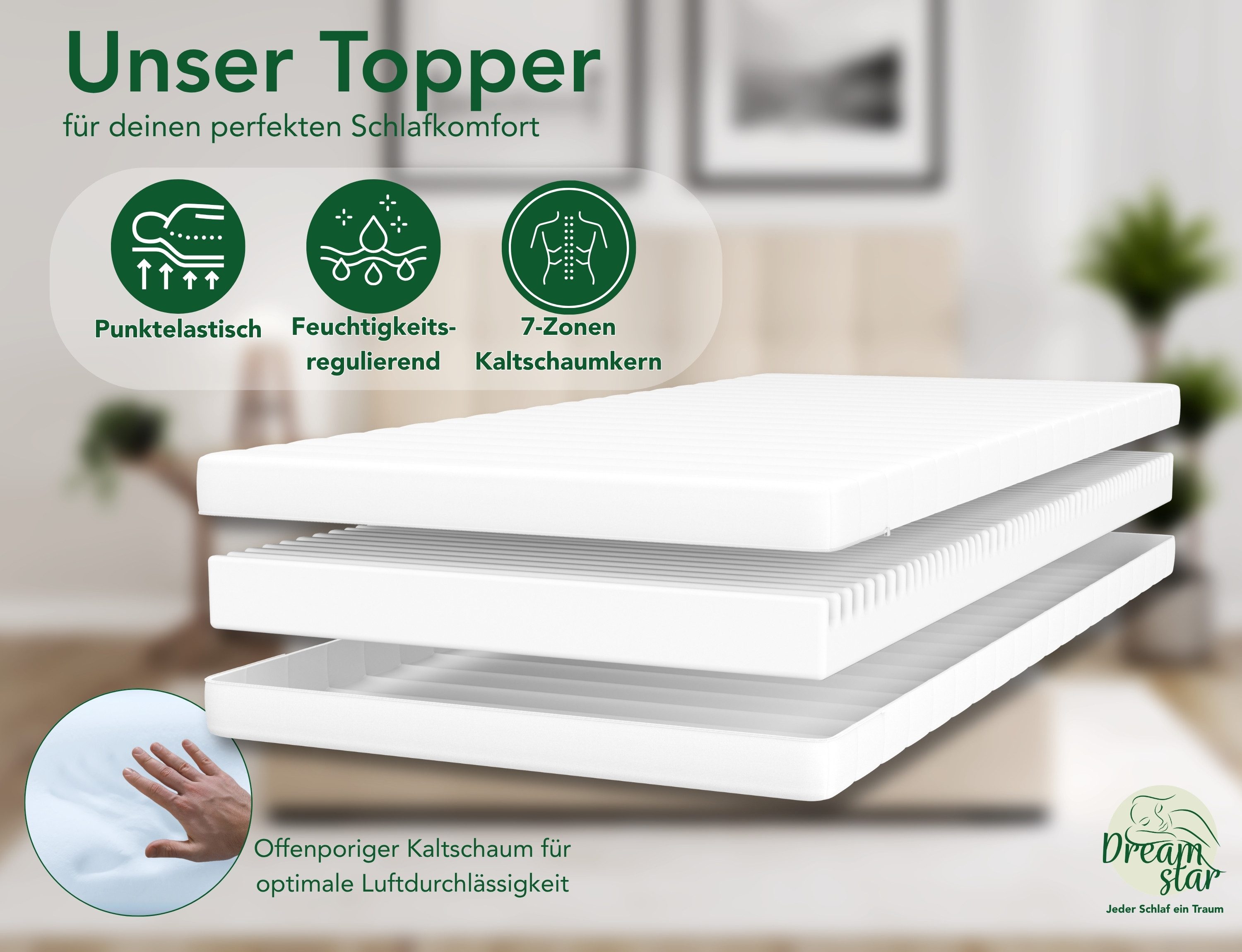 Dreamstar, Topper 10 cm - ergonomischer 7-Zonen Matratzentopper - H2/H3 & H3/H4, 10 cm hoch, verschiedene Größen und Härtegrade - rutschfest, geräuschlos