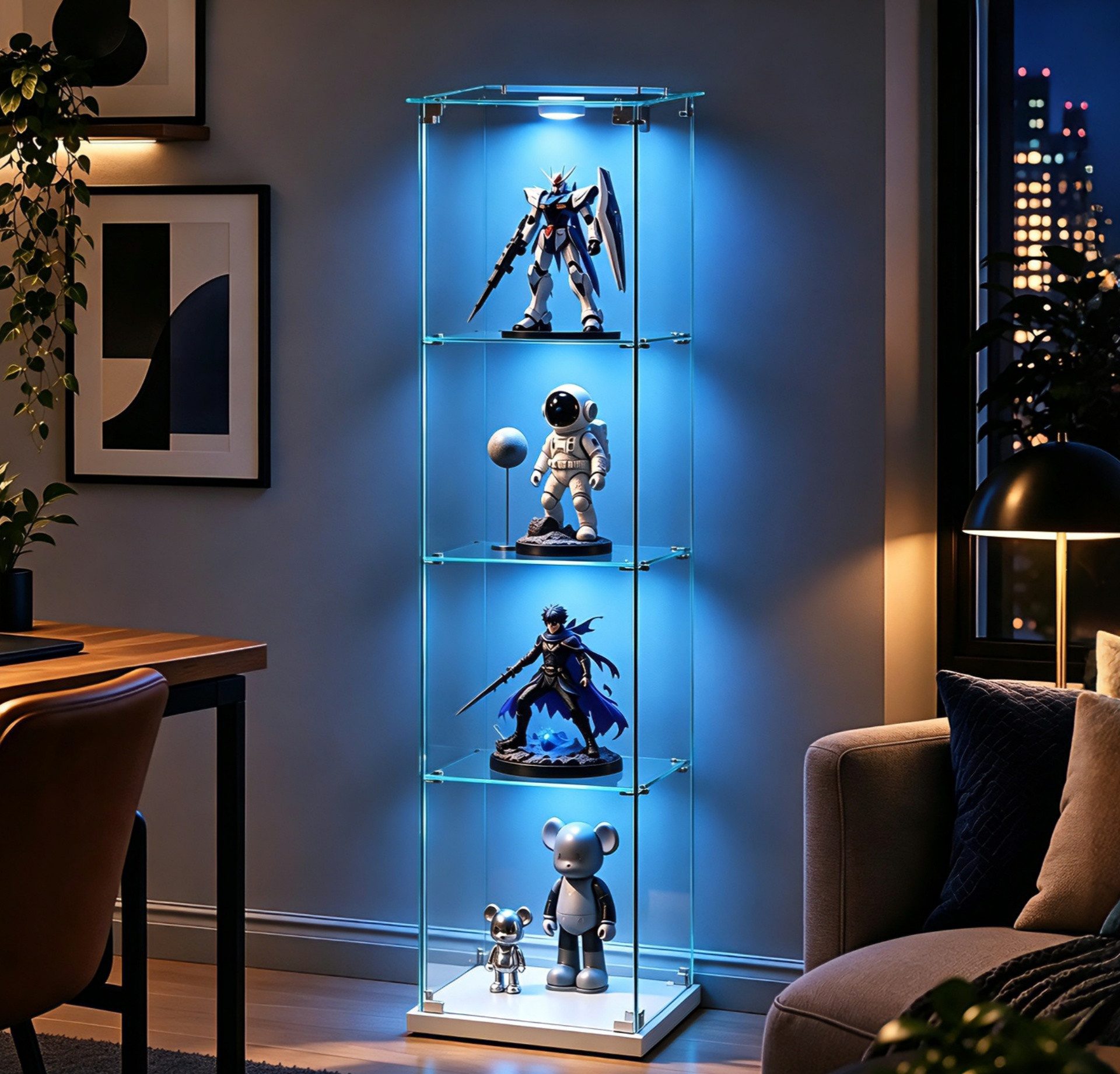Simurq Glasvitrine Standvitrine mit Glastüren, Vitrine Glas mit LED, Vitrinenschrank (Eckglasanzeigeschrank, Sammlervitrine,Rahmenloses Design) Eckglasanzeigeschrank, Sammlervitrine, Rahmenloses Design