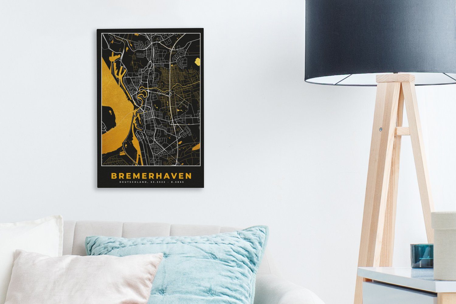 OneMillionCanvasses® - Zackenaufhänger, St), Gold - bespannt cm Bremerhaven - Leinwandbild Deutschland, Gemälde, Leinwandbild inkl. Karte fertig Stadtplan - 20x30 (1