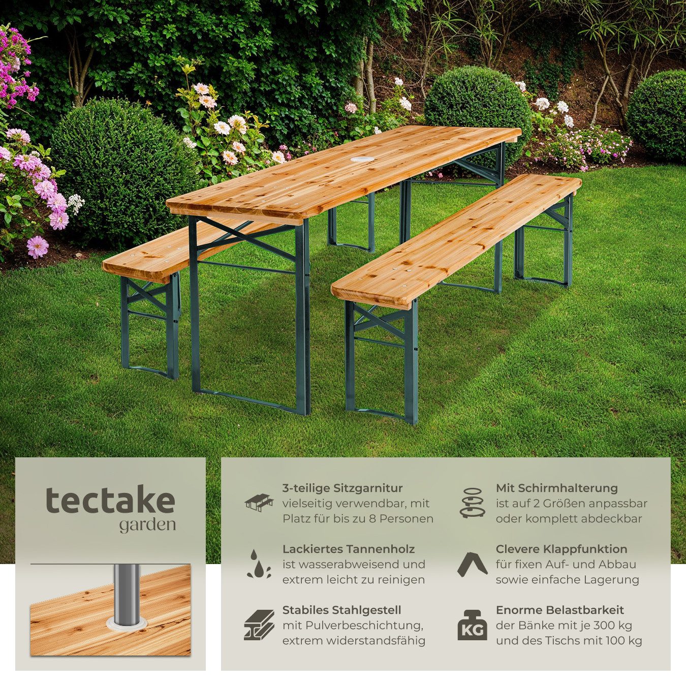 tectake Bierzeltgarnitur Festzeltgarnitur mit Sonnenschirmhalterung, Lackierung mit Klarlack, (Set., 3-tlg., in braun), Komplett vormontiertes und äußerst belastbares Gartenmöbelset