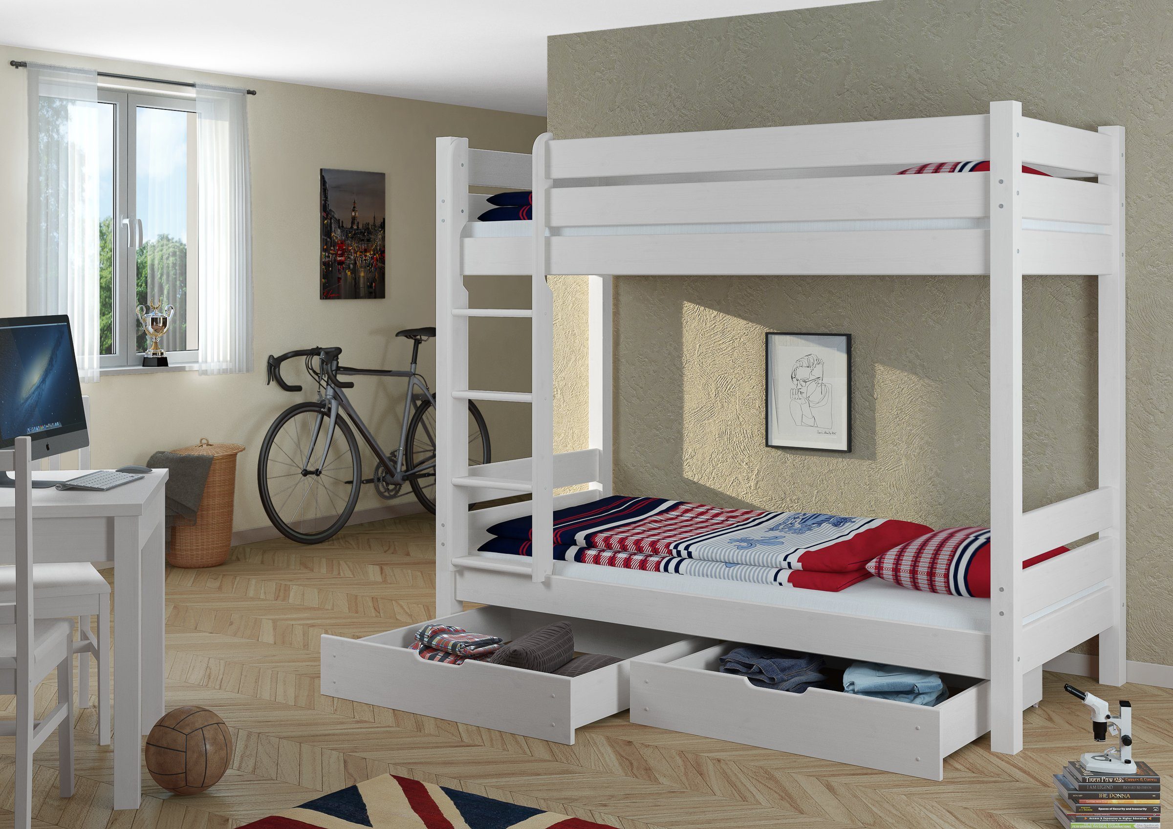 lackiert weiß Bettkästen Etagenbett 90x200 ERST-HOLZ Rollrost Stockbett für Erwachsene