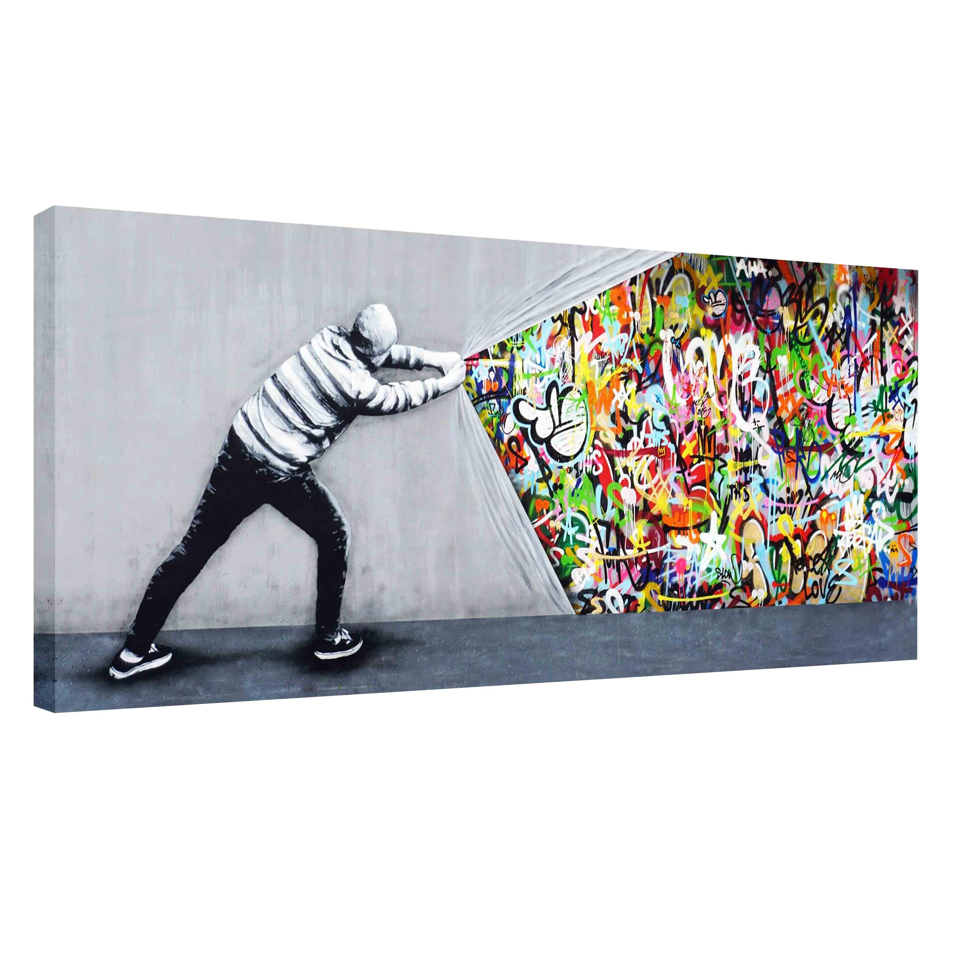Leinwando Leinwandbild banksy Graffiti Kunst Hinter Dem Vorhang Leinwand zum aufhängen